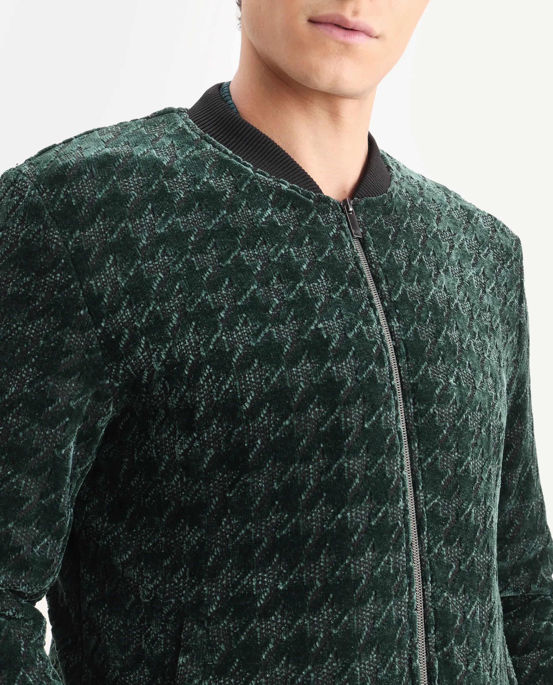 Rare Rabbit Men's Beldon Dark Green Velvet Textured Regular Fit Full Sleeve Stand Collar Jacket