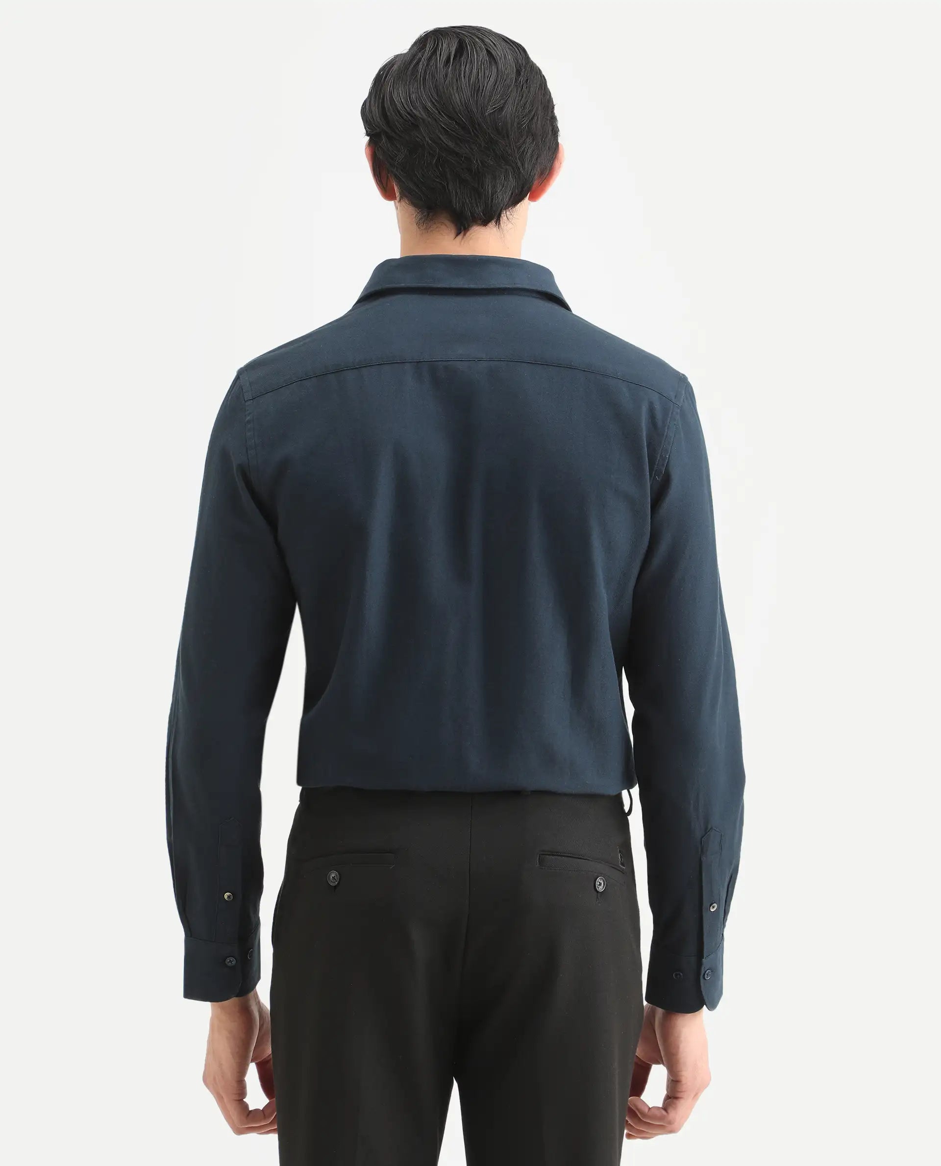 Rare Rabbit Men's Otago Navy Cotton Plain Regular Fit Full Sleeve Collared Shirt