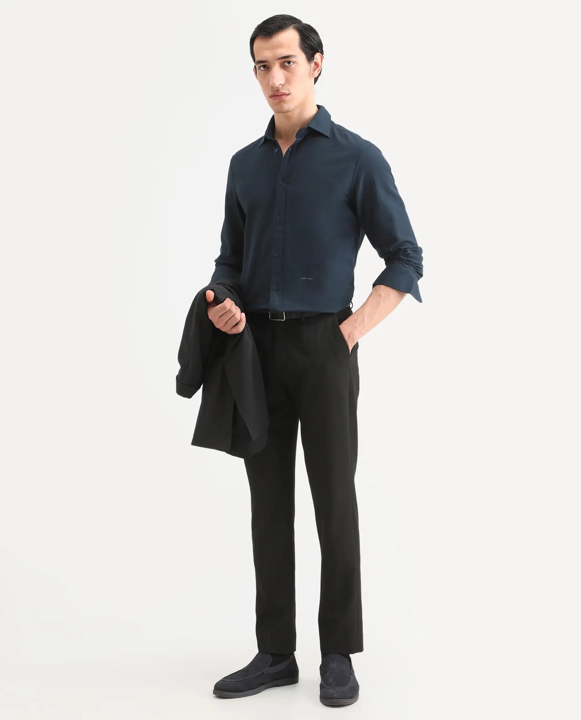 Rare Rabbit Men's Otago Navy Cotton Plain Regular Fit Full Sleeve Collared Shirt