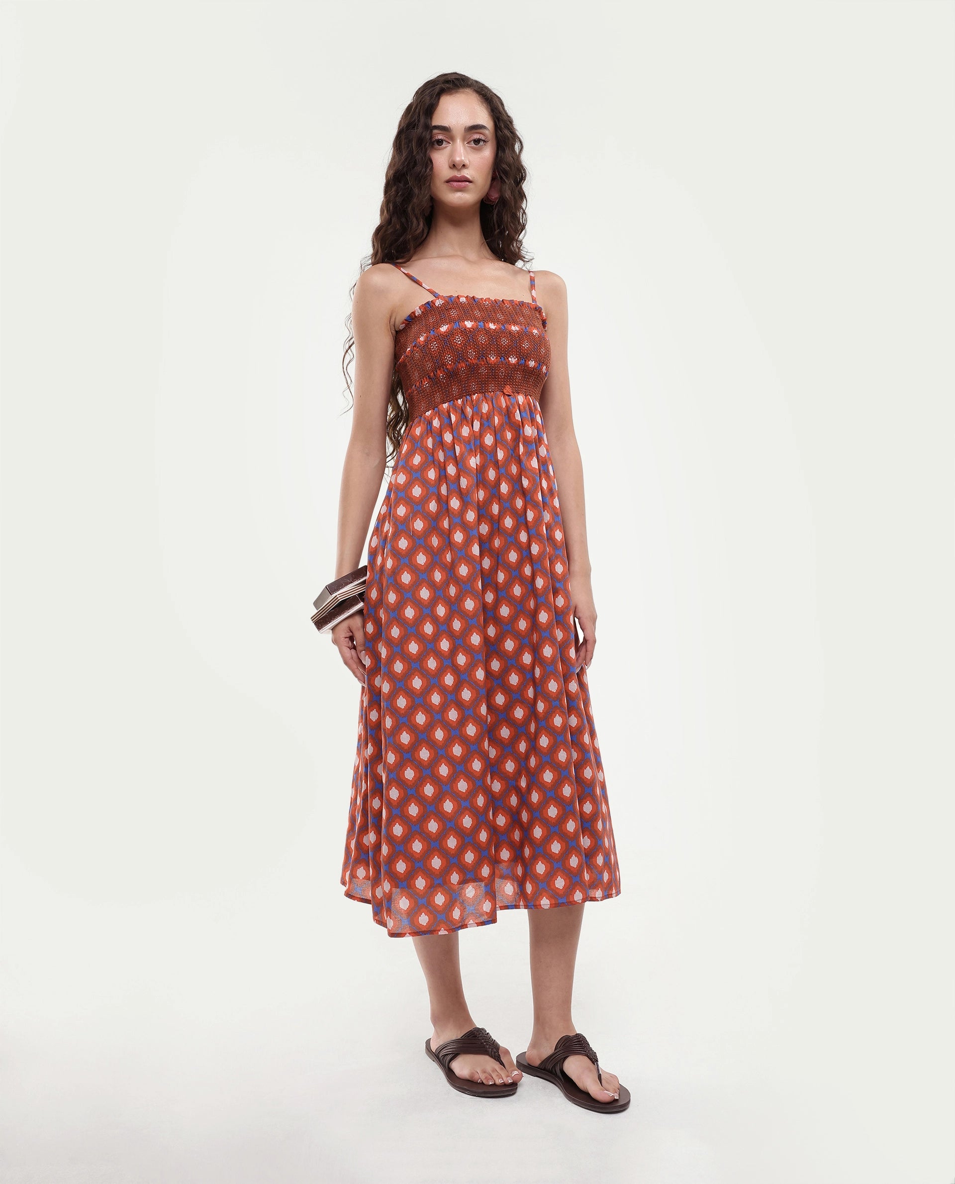 Rareism Women's Stewart Multi Cotton Shoulder Strap Geometric Print Shoulder Strap Midi Fit And Flare Dress