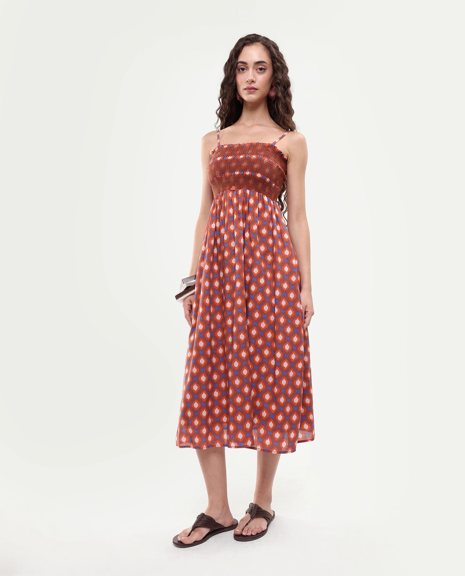 Rareism Women's Stewart Multi Cotton Shoulder Strap Geometric Print Shoulder Strap Midi Fit And Flare Dress