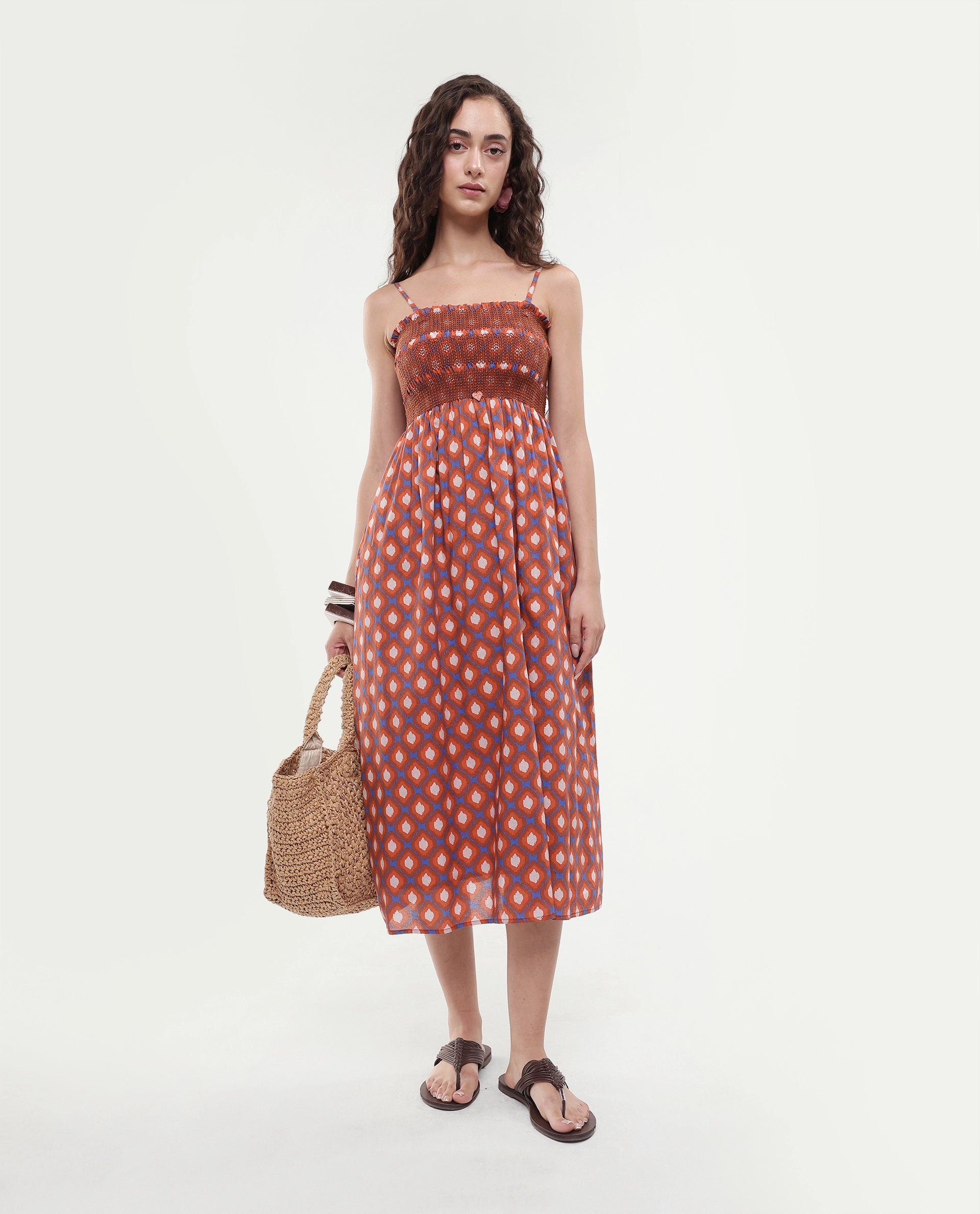 Rareism Women's Stewart Multi Cotton Shoulder Strap Geometric Print Shoulder Strap Midi Fit And Flare Dress