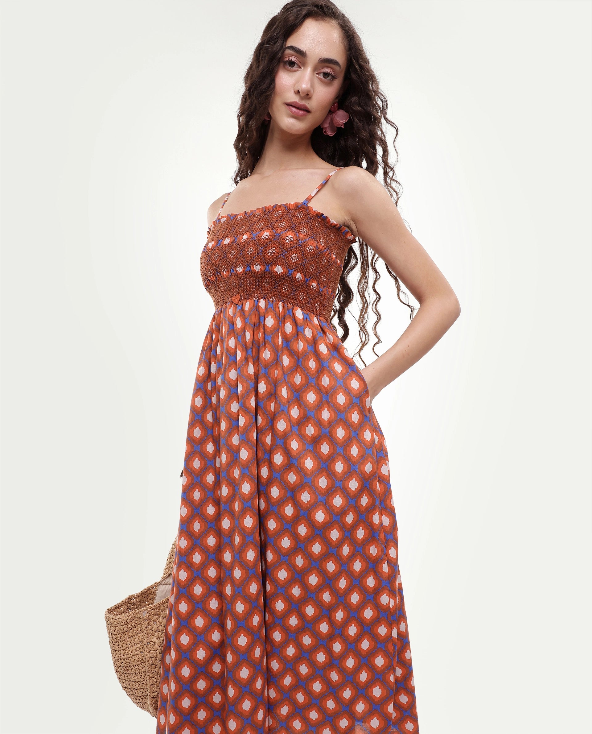 Rareism Women's Stewart Multi Cotton Shoulder Strap Geometric Print Shoulder Strap Midi Fit And Flare Dress