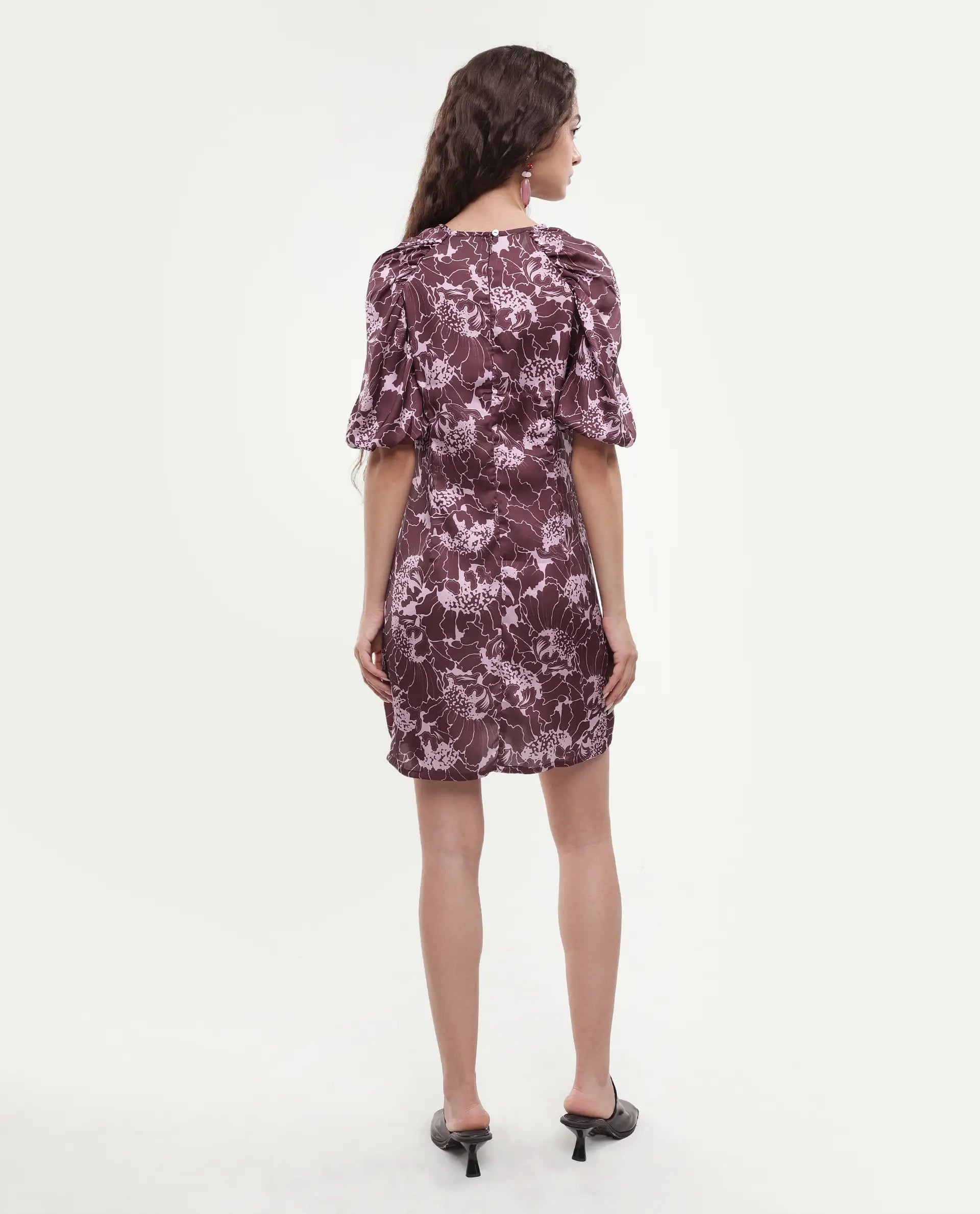 Rareism Women's Christie Dark Maroon Polyester Crew Neck Floral Print Puff Sleeves Mini Slim Fit Dress