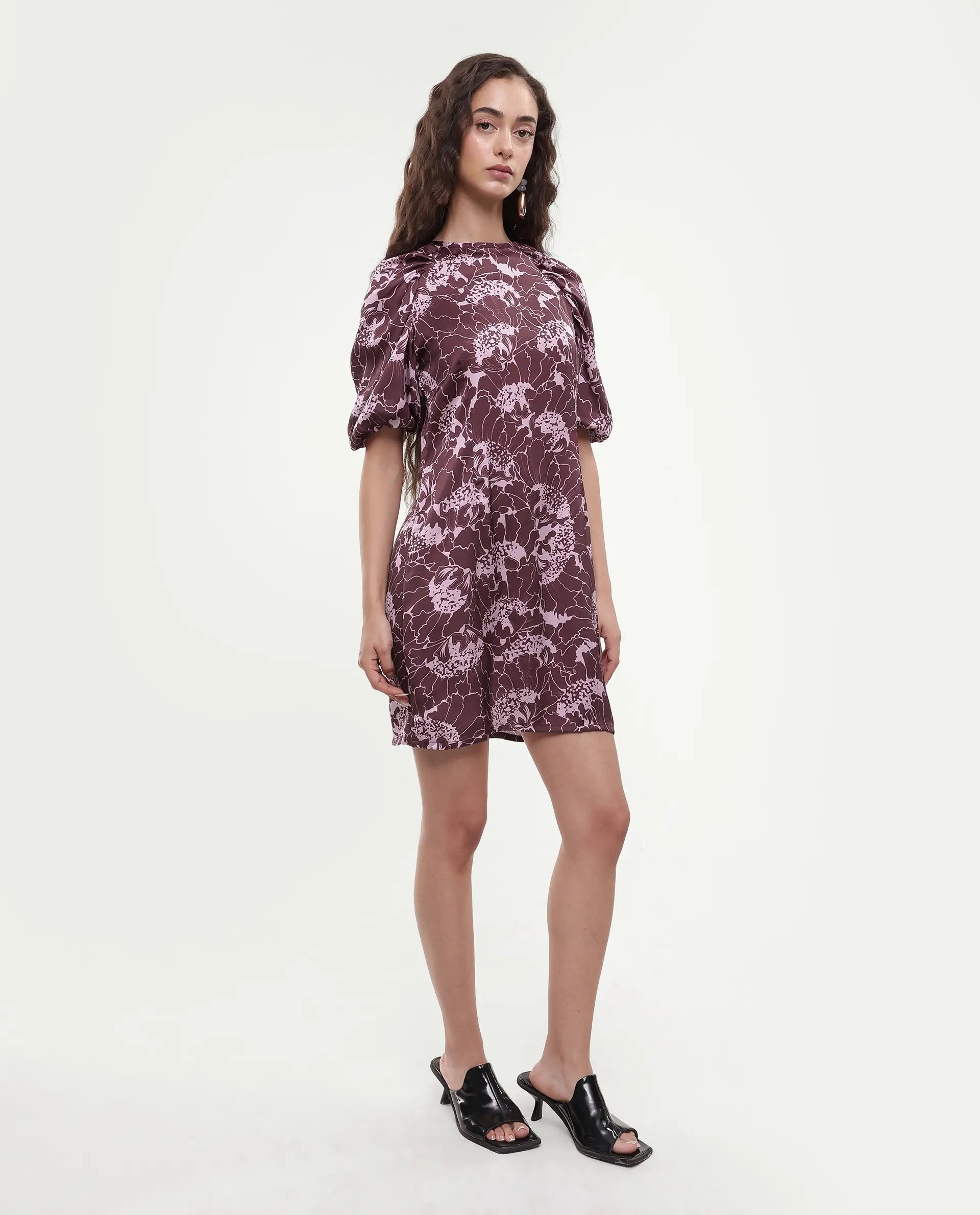 Rareism Women's Christie Dark Maroon Polyester Crew Neck Floral Print Puff Sleeves Mini Slim Fit Dress
