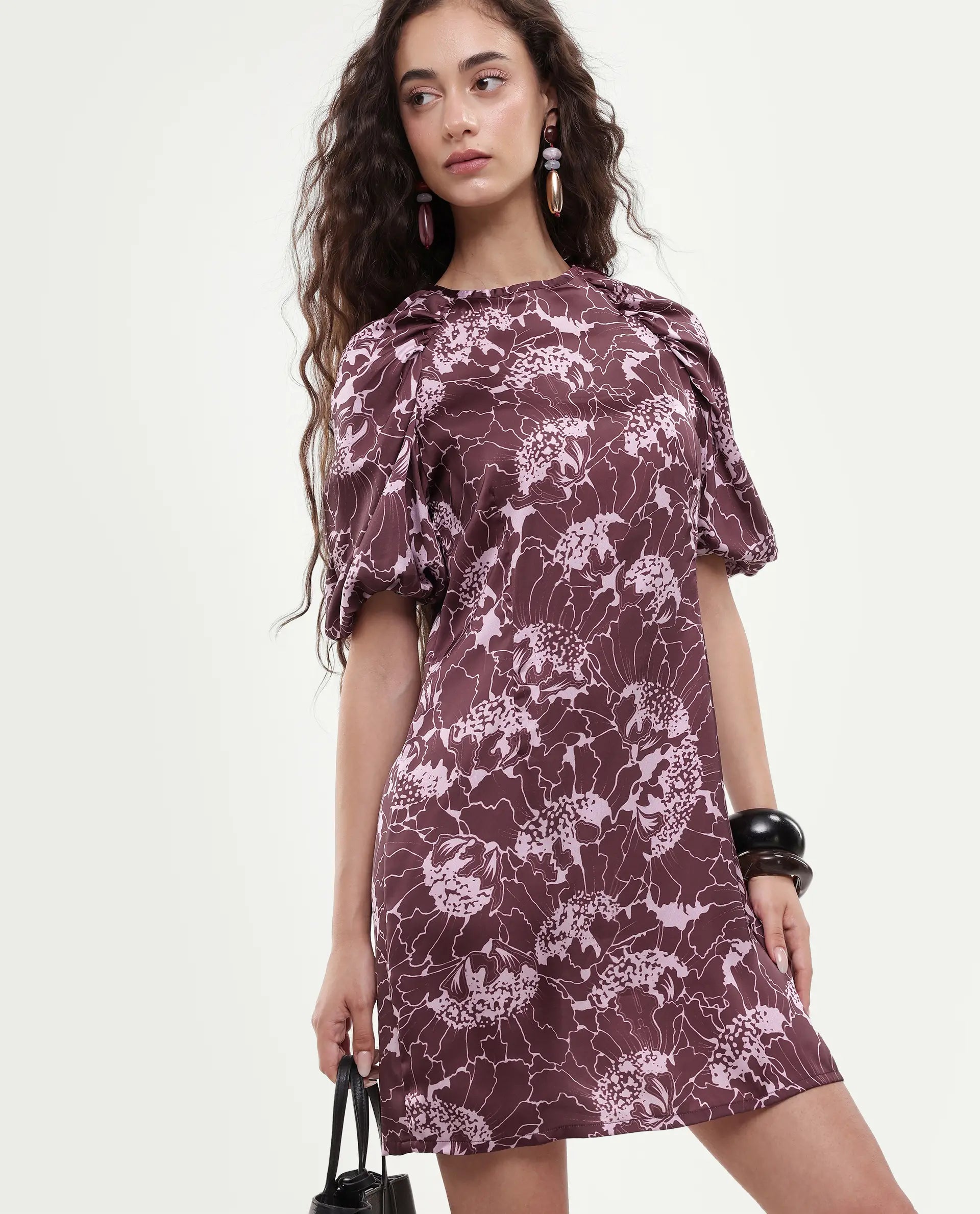 Rareism Women's Christie Dark Maroon Polyester Crew Neck Floral Print Puff Sleeves Mini Slim Fit Dress