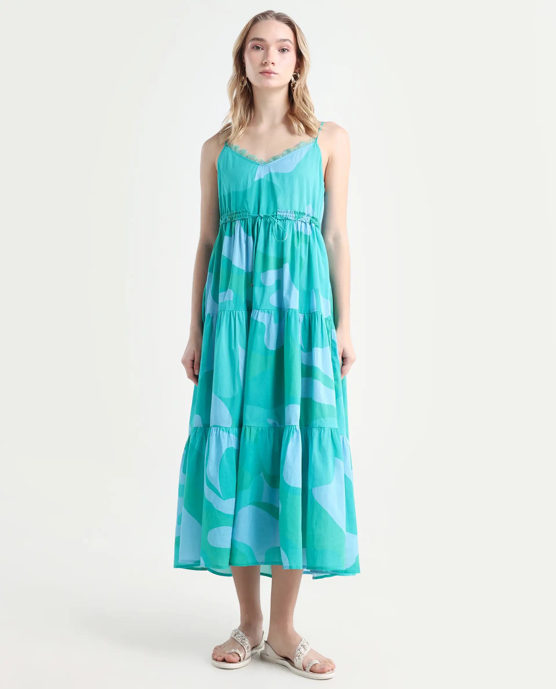 Rareism Women's Reid Green Cotton Shoulder Strap Abstract Print Shoulder Strap Midi Fit And Flare Dress