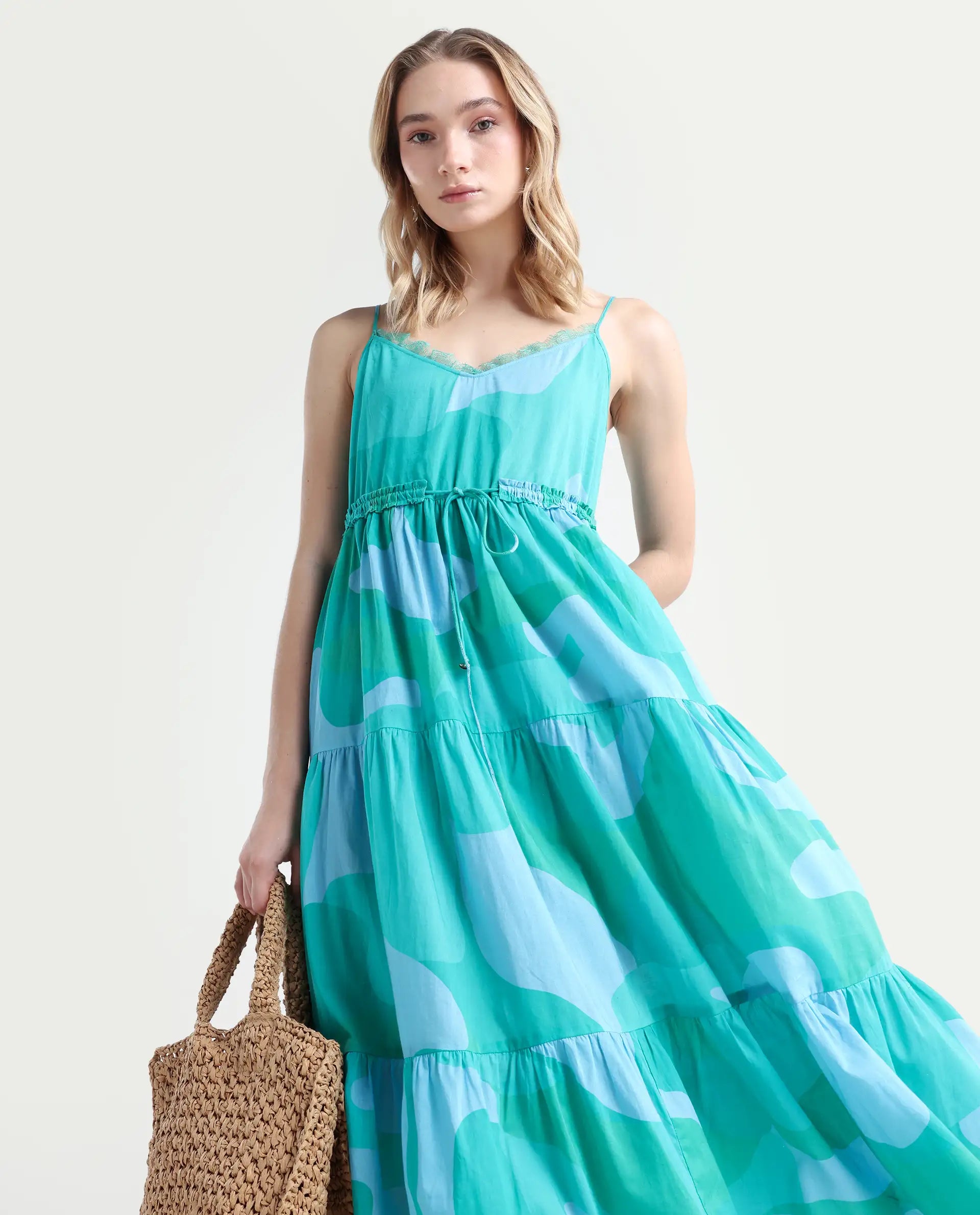 Rareism Women's Reid Green Cotton Shoulder Strap Abstract Print Shoulder Strap Midi Fit And Flare Dress