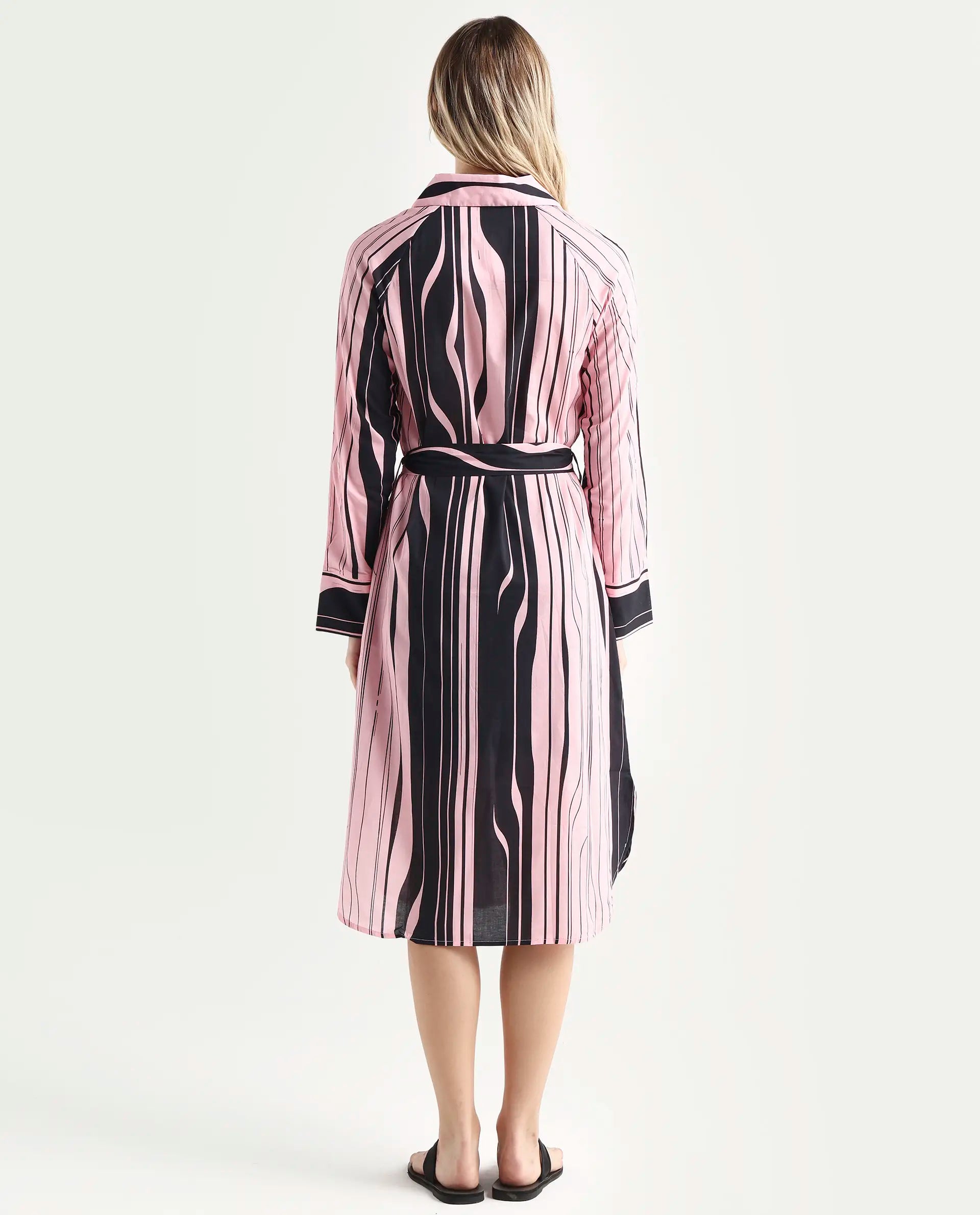 Rareism Women's Fraser Dark Pink Cotton Spread Collar Striped Cuffed Sleeve Midi Fit And Flare Dress