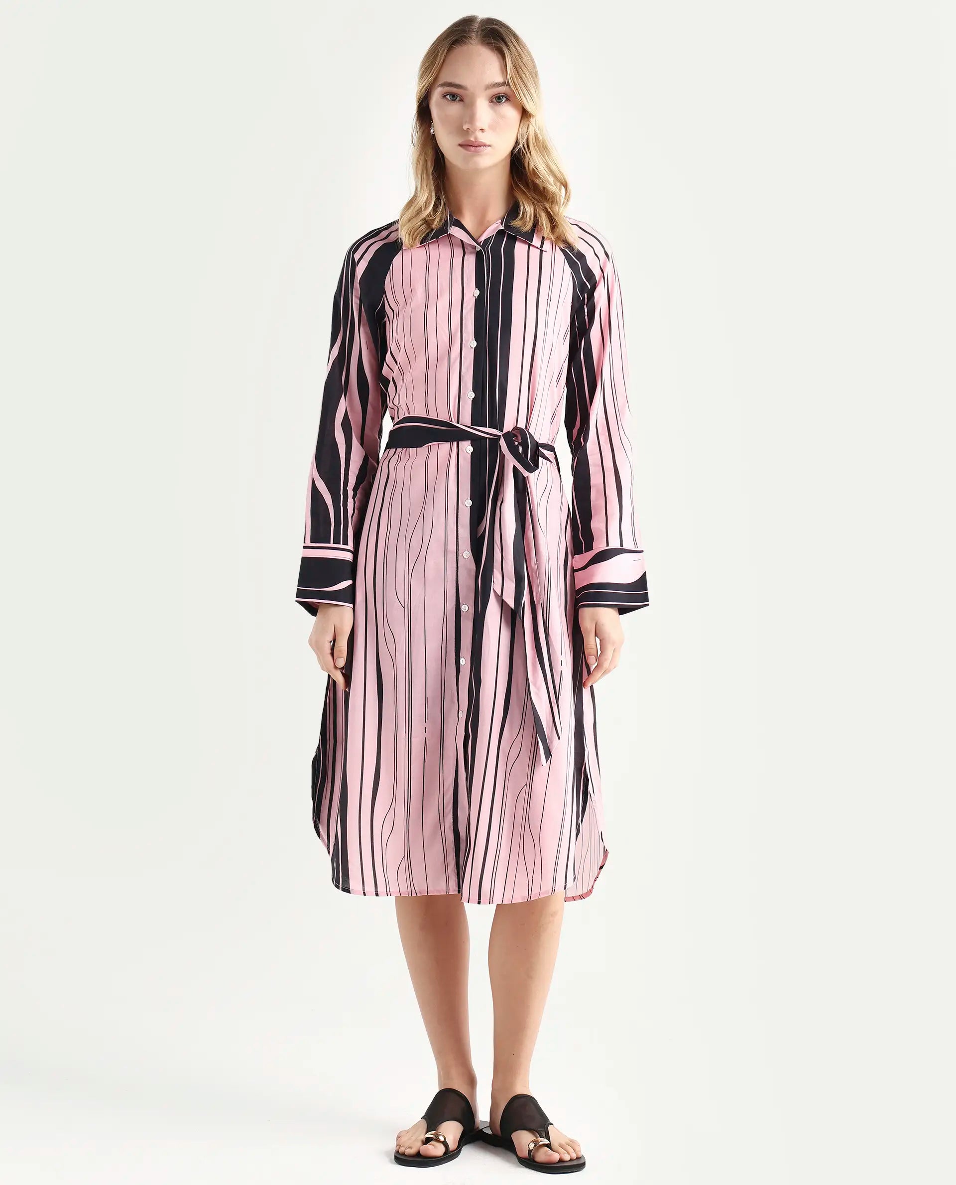 Rareism Women's Fraser Dark Pink Cotton Spread Collar Striped Cuffed Sleeve Midi Fit And Flare Dress