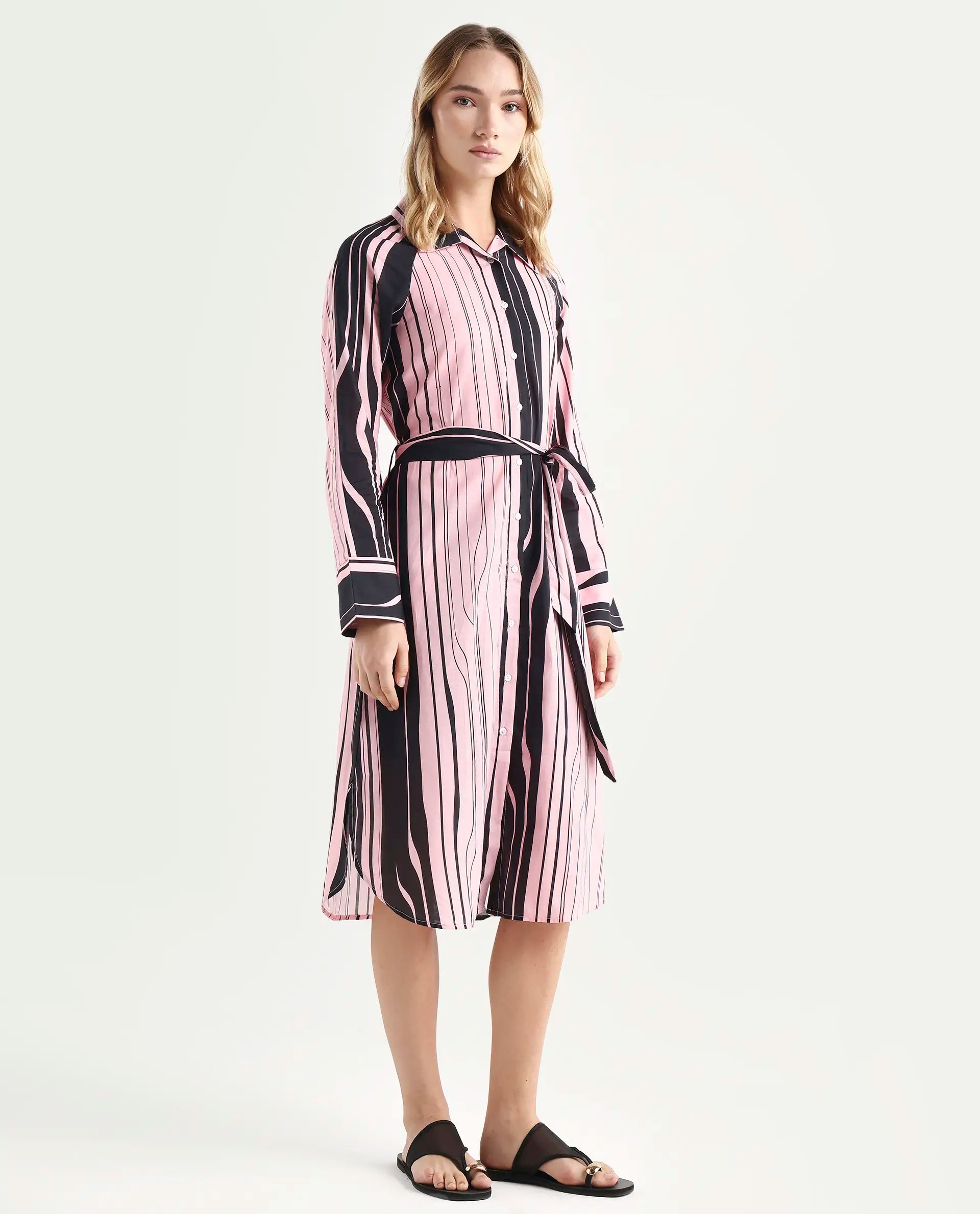Rareism Women's Fraser Dark Pink Cotton Spread Collar Striped Cuffed Sleeve Midi Fit And Flare Dress