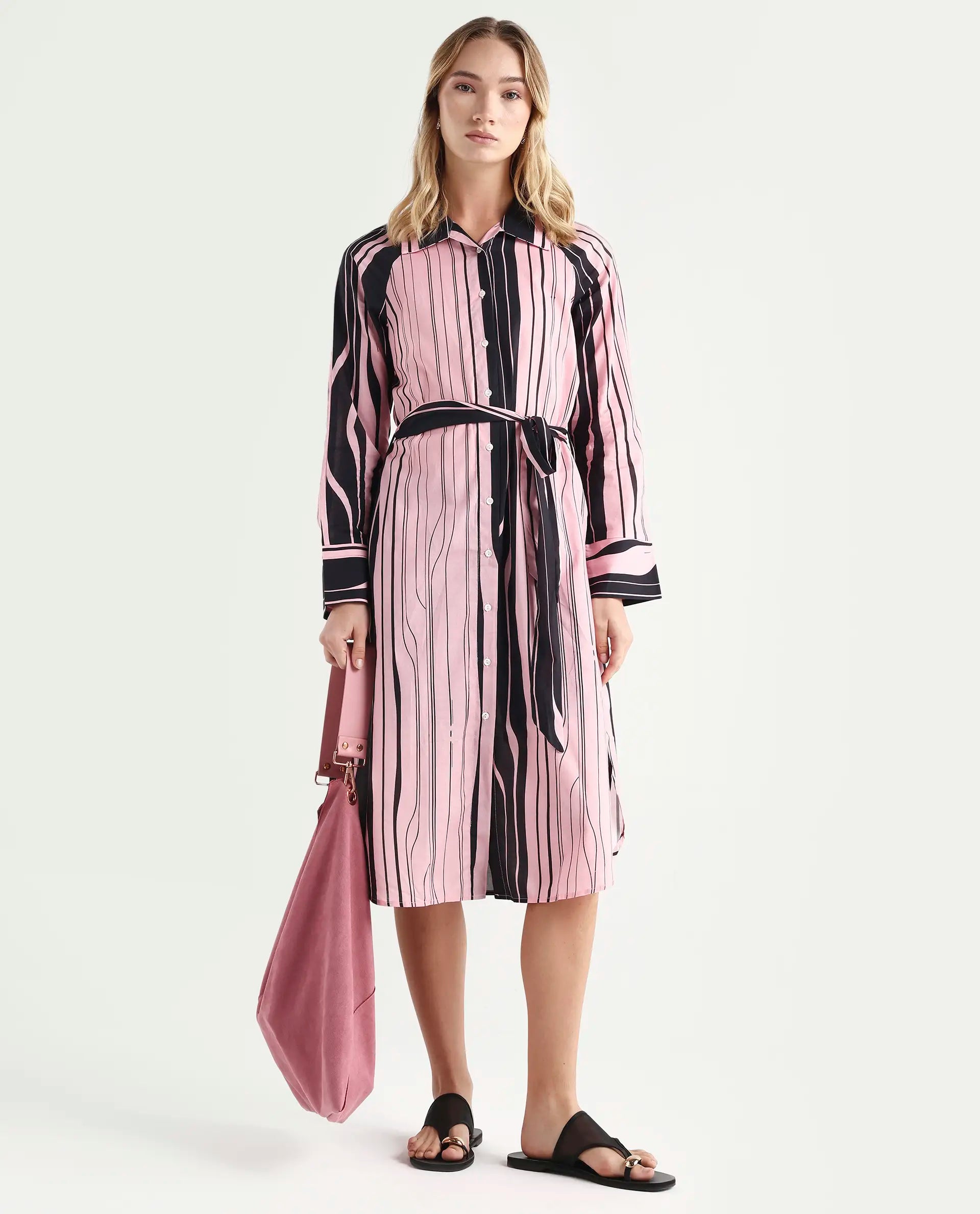 Rareism Women's Fraser Dark Pink Cotton Spread Collar Striped Cuffed Sleeve Midi Fit And Flare Dress