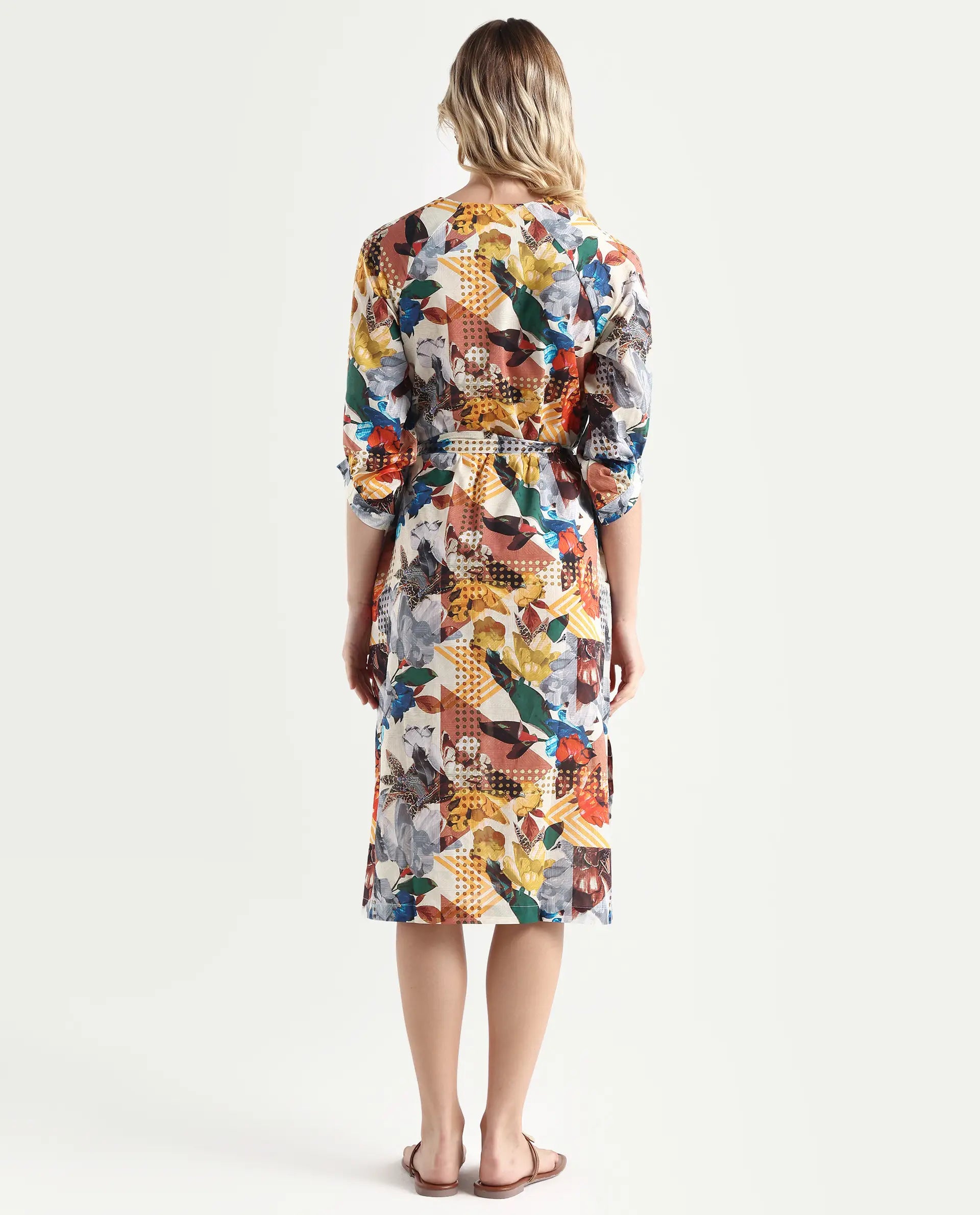 Rareism Women's Hamilton Multi Cotton V-Neck Abstract Print Balloon Sleeve Knee Length Regular Fit Dress