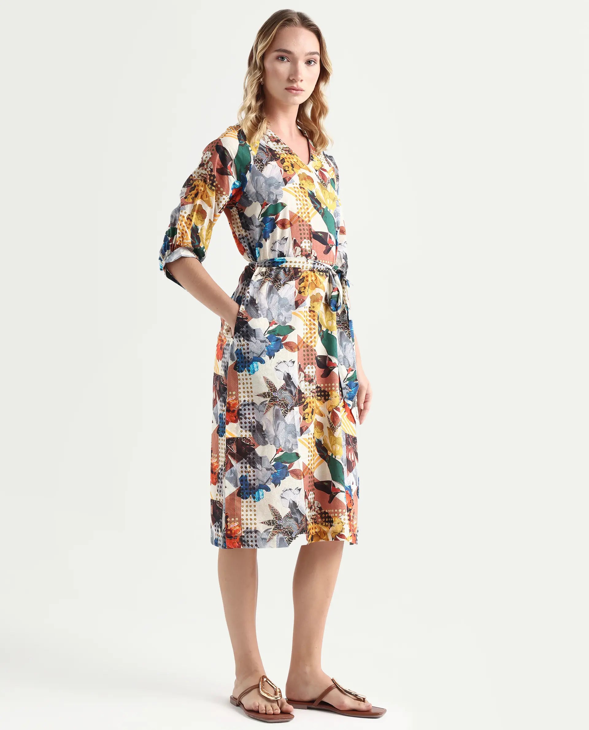 Rareism Women's Hamilton Multi Cotton V-Neck Abstract Print Balloon Sleeve Knee Length Regular Fit Dress