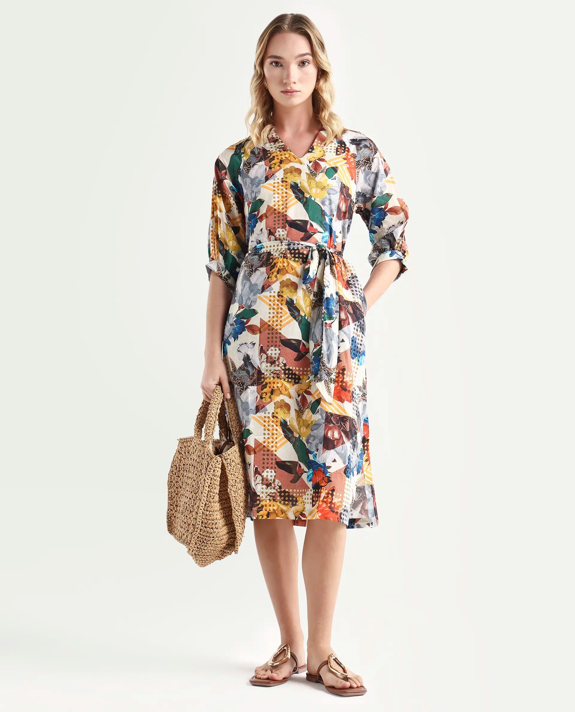 Rareism Women's Hamilton Multi Cotton V-Neck Abstract Print Balloon Sleeve Knee Length Regular Fit Dress
