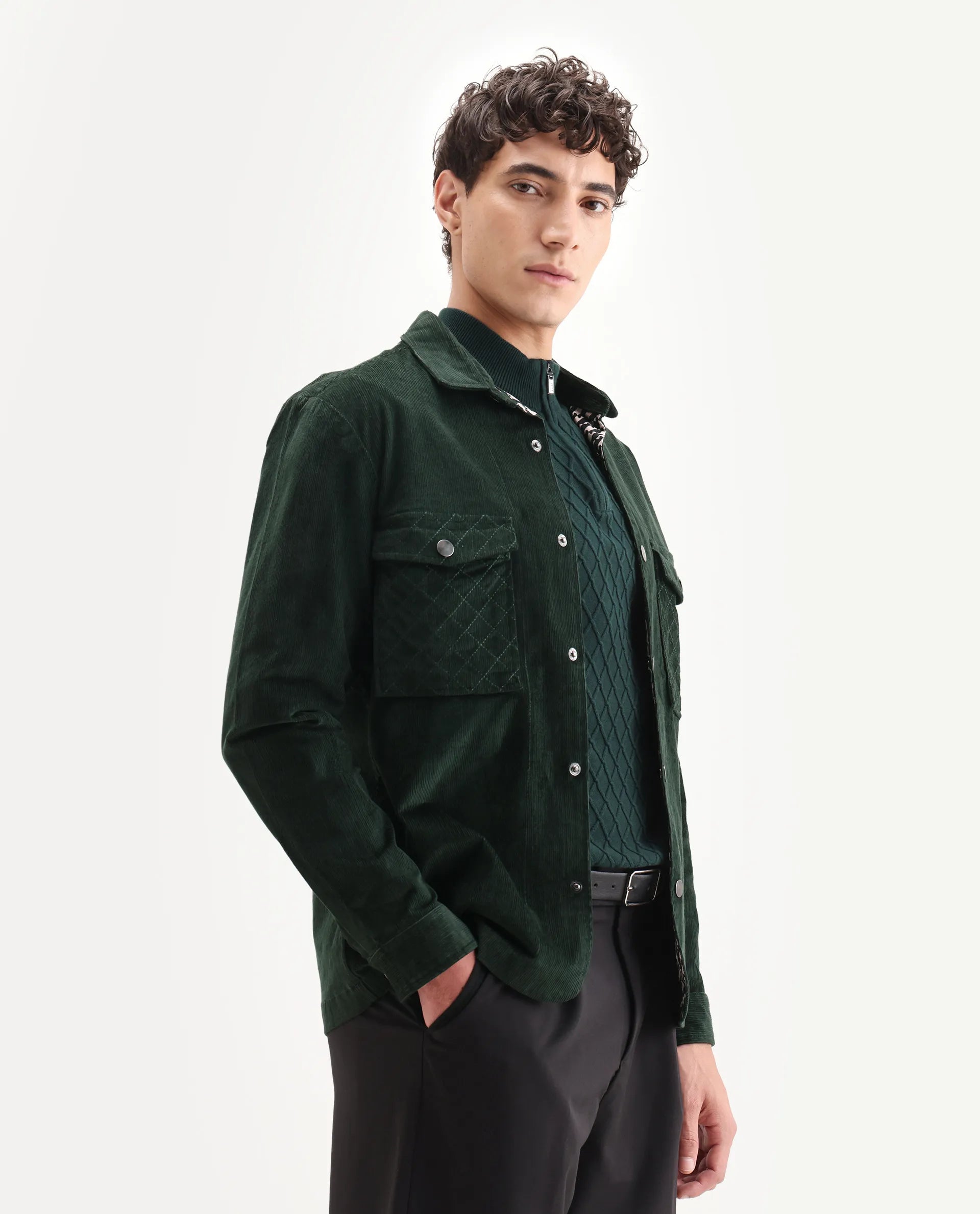 Rare Rabbit Men's Upto Dark Green Cotton Plain Regular Fit Full Sleeve Spread Collar Jacket