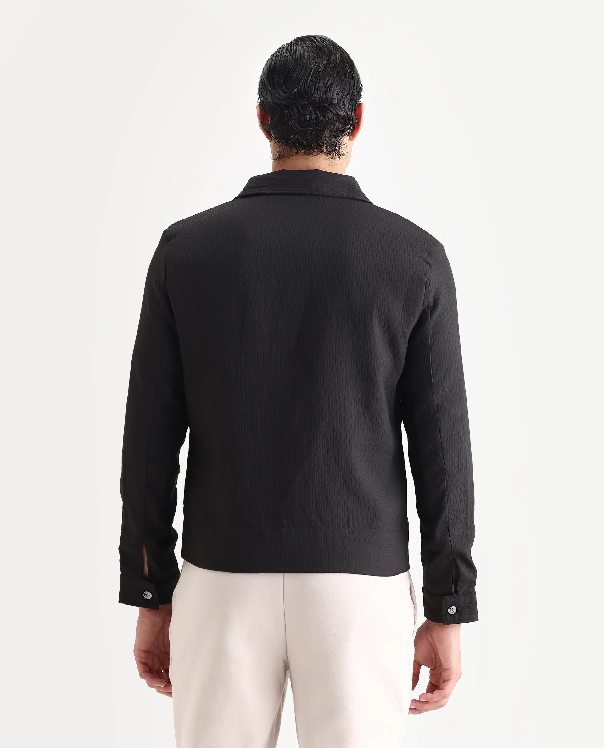 Rare Rabbit Men's Harbin Black Polyester Jacquard Regular Fit Full Sleeve Spread Collar Jacket