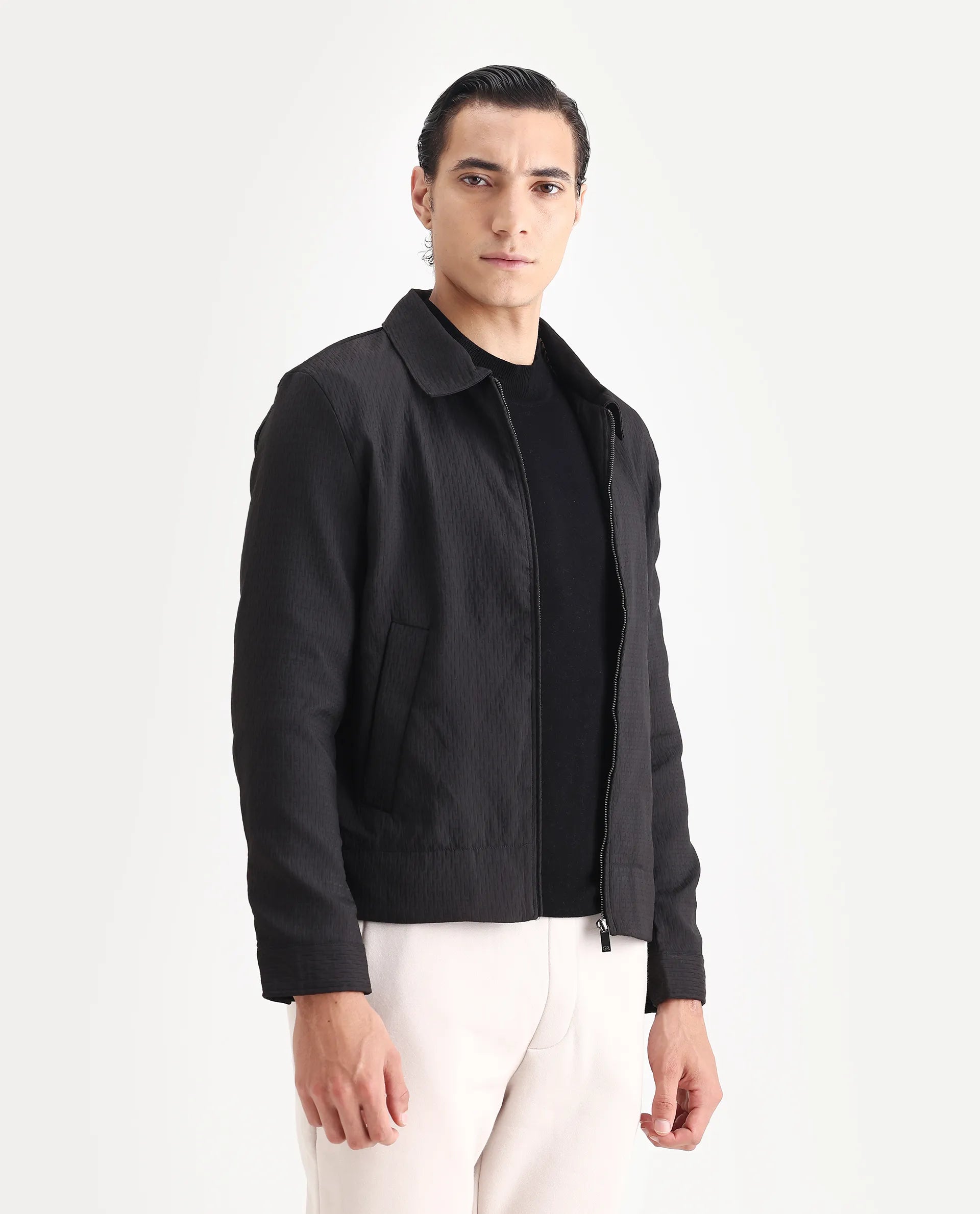 Rare Rabbit Men's Harbin Black Polyester Jacquard Regular Fit Full Sleeve Spread Collar Jacket