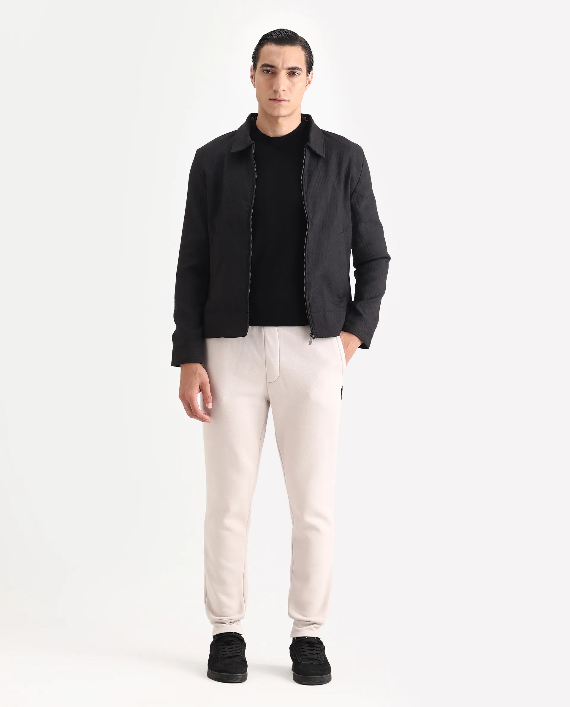 Rare Rabbit Men's Harbin Black Polyester Jacquard Regular Fit Full Sleeve Spread Collar Jacket