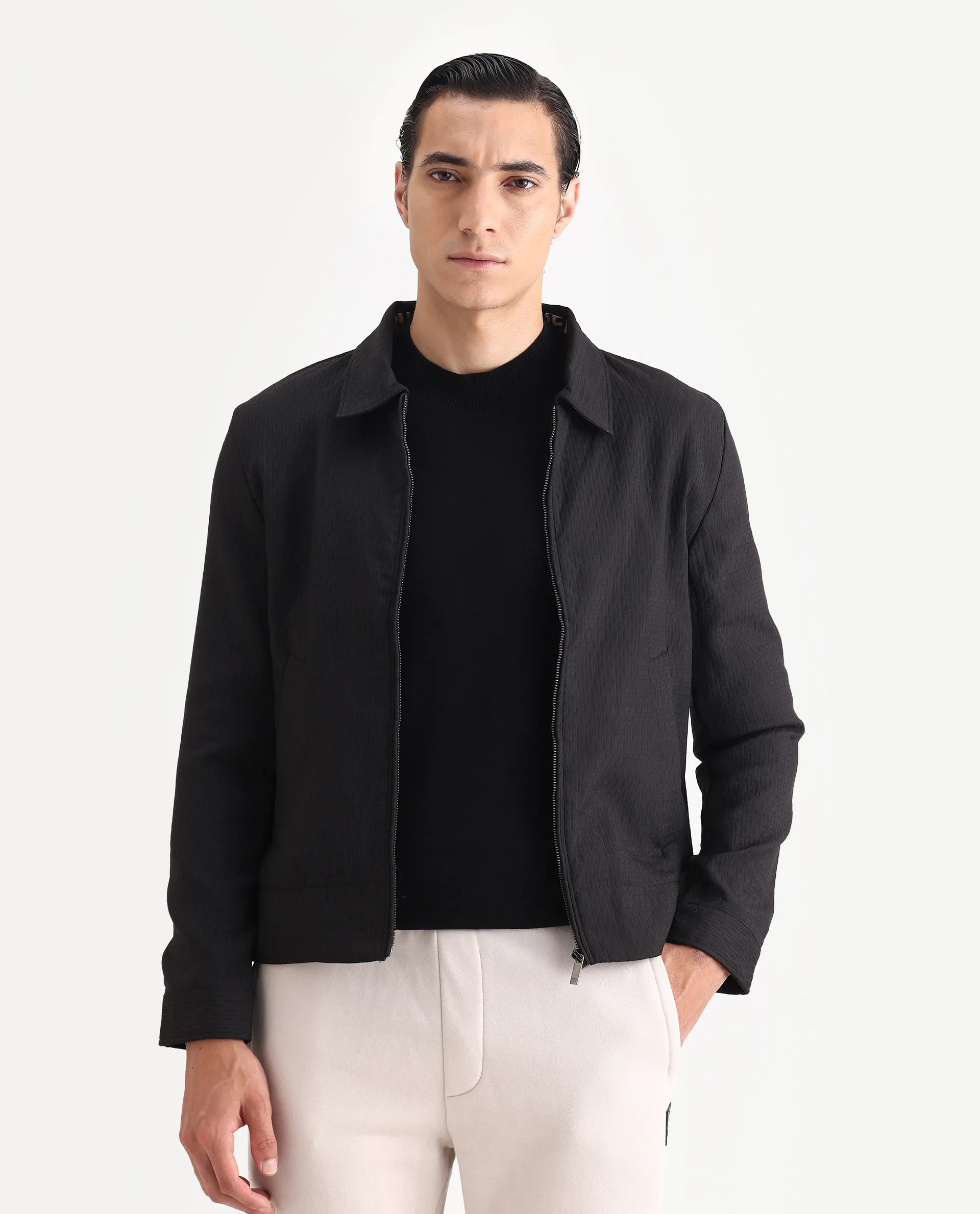 Rare Rabbit Men's Harbin Black Polyester Jacquard Regular Fit Full Sleeve Spread Collar Jacket