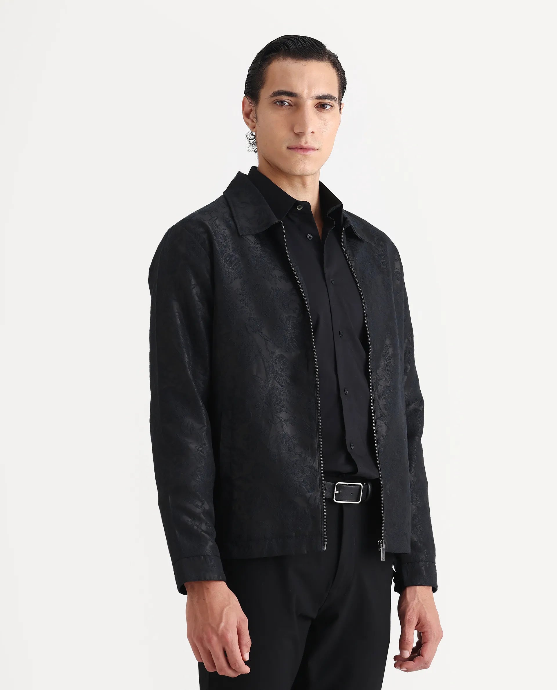 Rare Rabbit Men's Braga Dark Navy Polyester Jacquard Regular Fit Full Sleeve Spread Collar Jacket