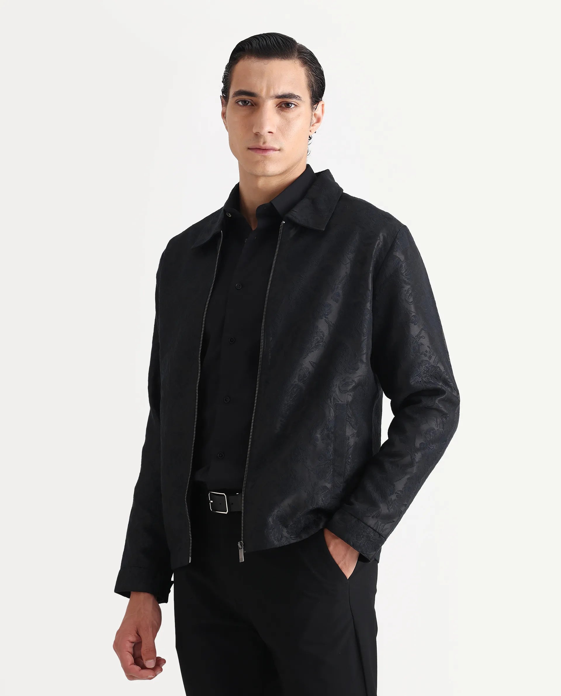 Rare Rabbit Men's Braga Dark Navy Polyester Jacquard Regular Fit Full Sleeve Spread Collar Jacket