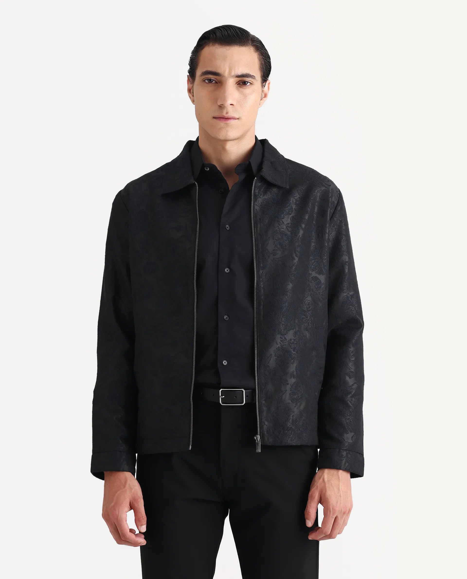 Rare Rabbit Men's Braga Dark Navy Polyester Jacquard Regular Fit Full Sleeve Spread Collar Jacket