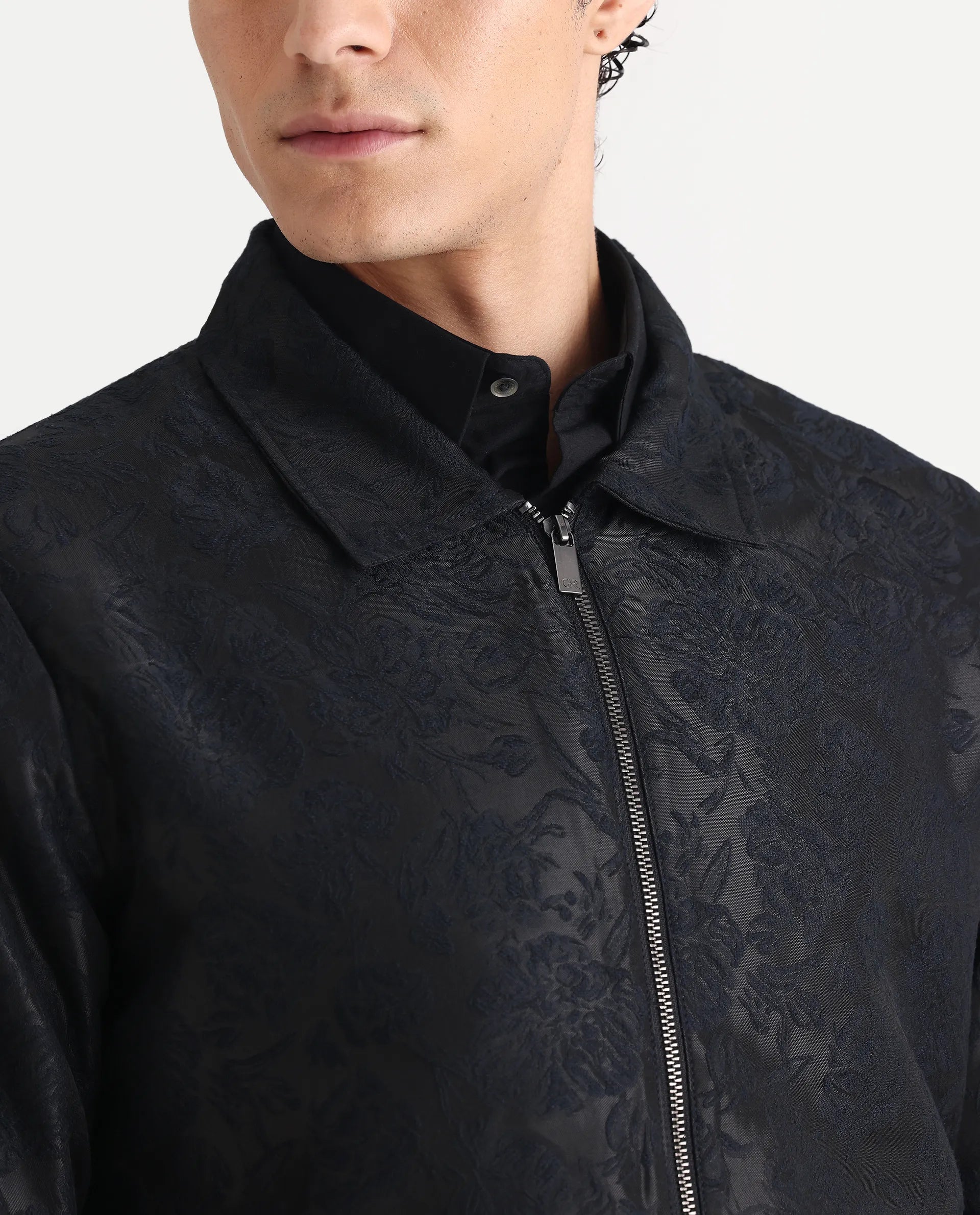 Rare Rabbit Men's Braga Dark Navy Polyester Jacquard Regular Fit Full Sleeve Spread Collar Jacket