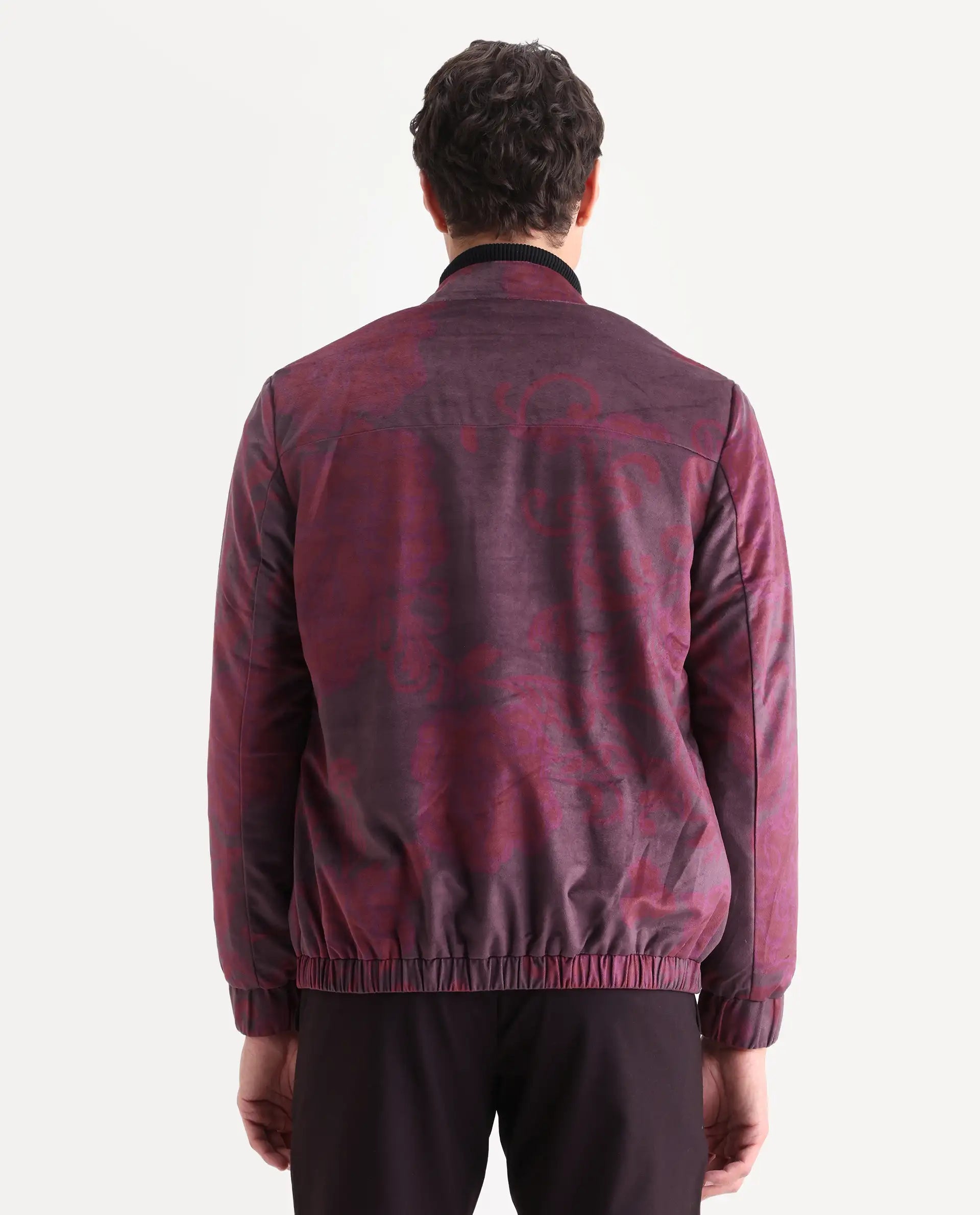 Rare Rabbit Men's Dalia Dark Maroon Polyester Paisley Print Regular Fit Full Sleeve Mandarin Collar Jacket