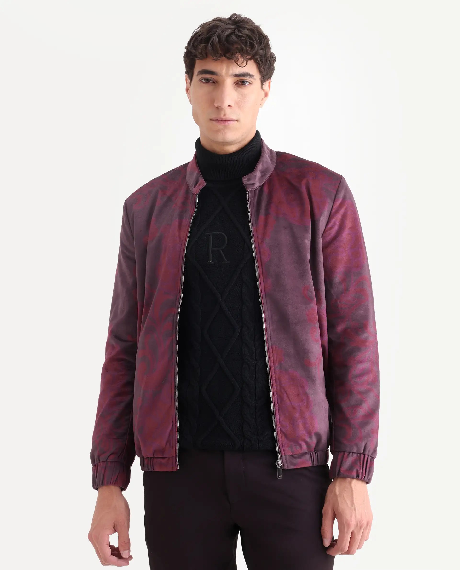 Rare Rabbit Men's Dalia Dark Maroon Polyester Paisley Print Regular Fit Full Sleeve Mandarin Collar Jacket