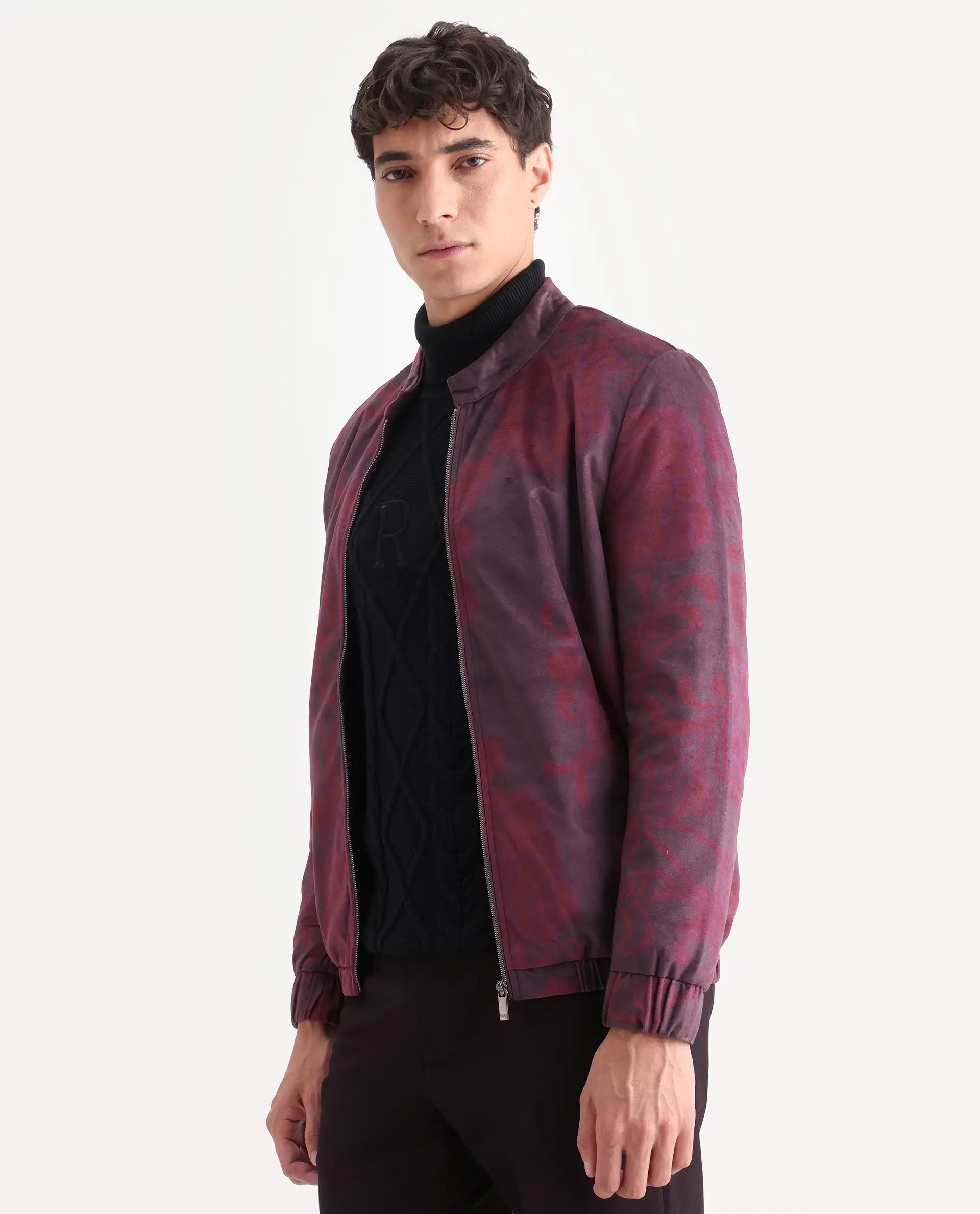 Rare Rabbit Men's Dalia Dark Maroon Polyester Paisley Print Regular Fit Full Sleeve Mandarin Collar Jacket