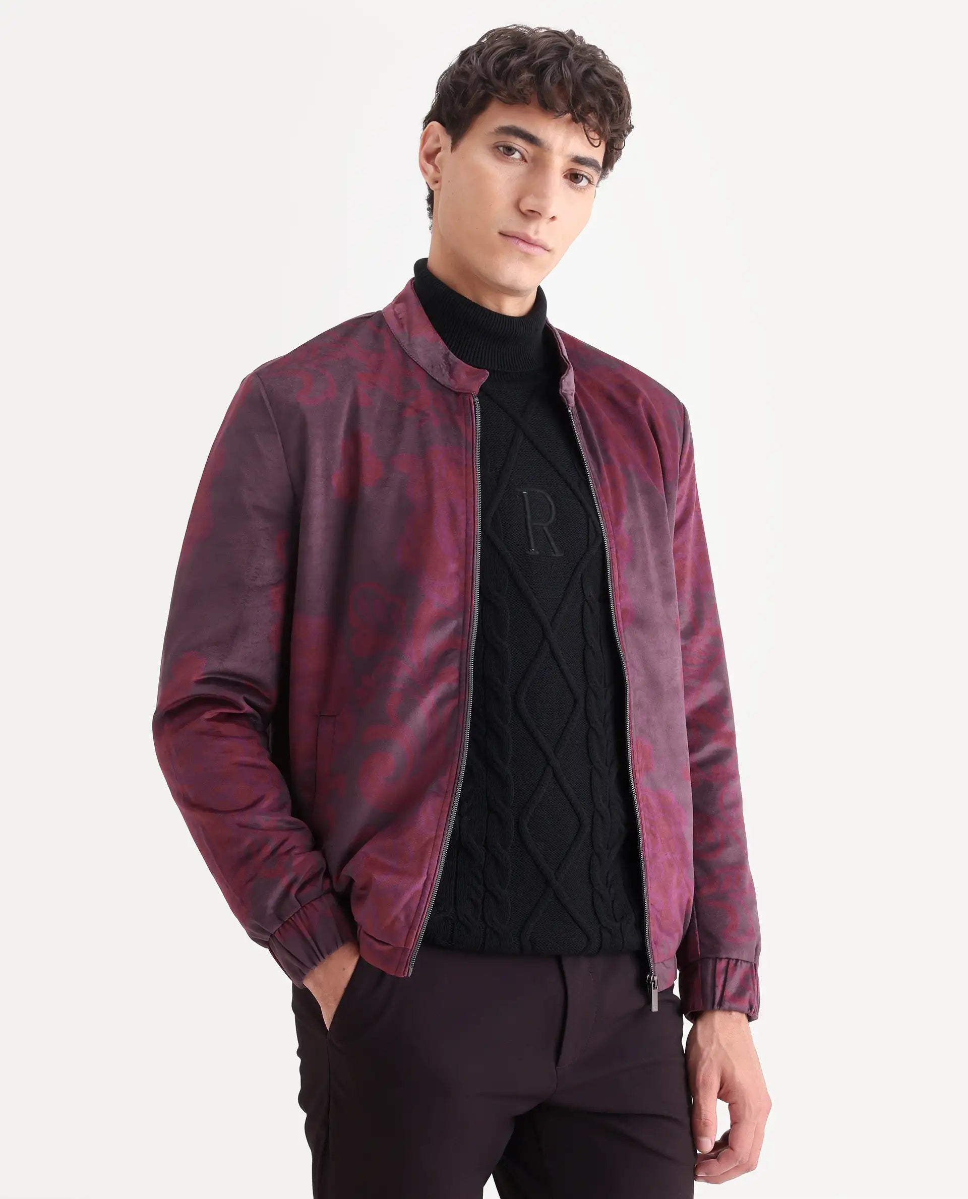 Rare Rabbit Men's Dalia Dark Maroon Polyester Paisley Print Regular Fit Full Sleeve Mandarin Collar Jacket