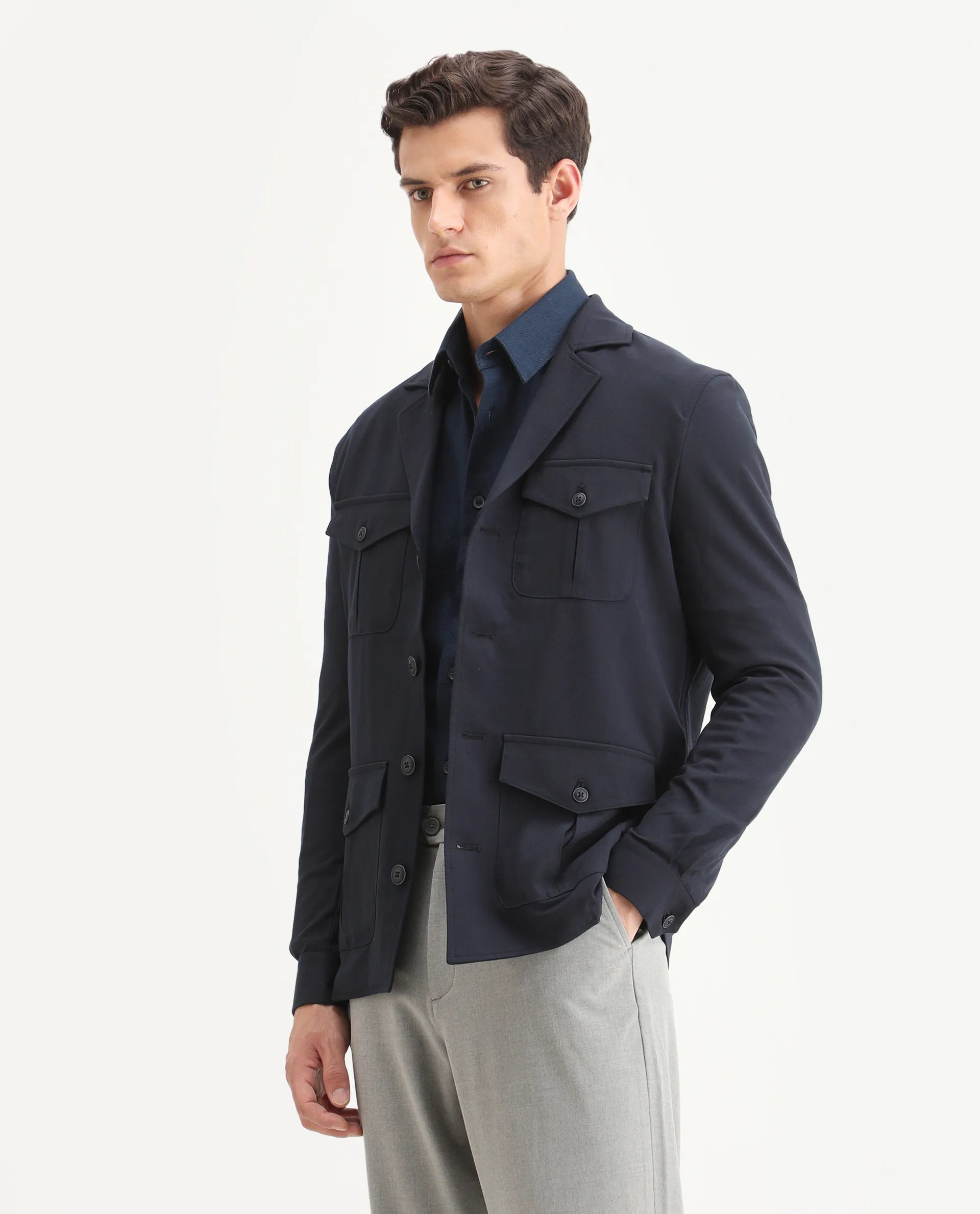 Rare Rabbit Men's Voyage Dark Navy Polyester Plain Tailored Fit Full Sleeve Lapel Neck Jacket