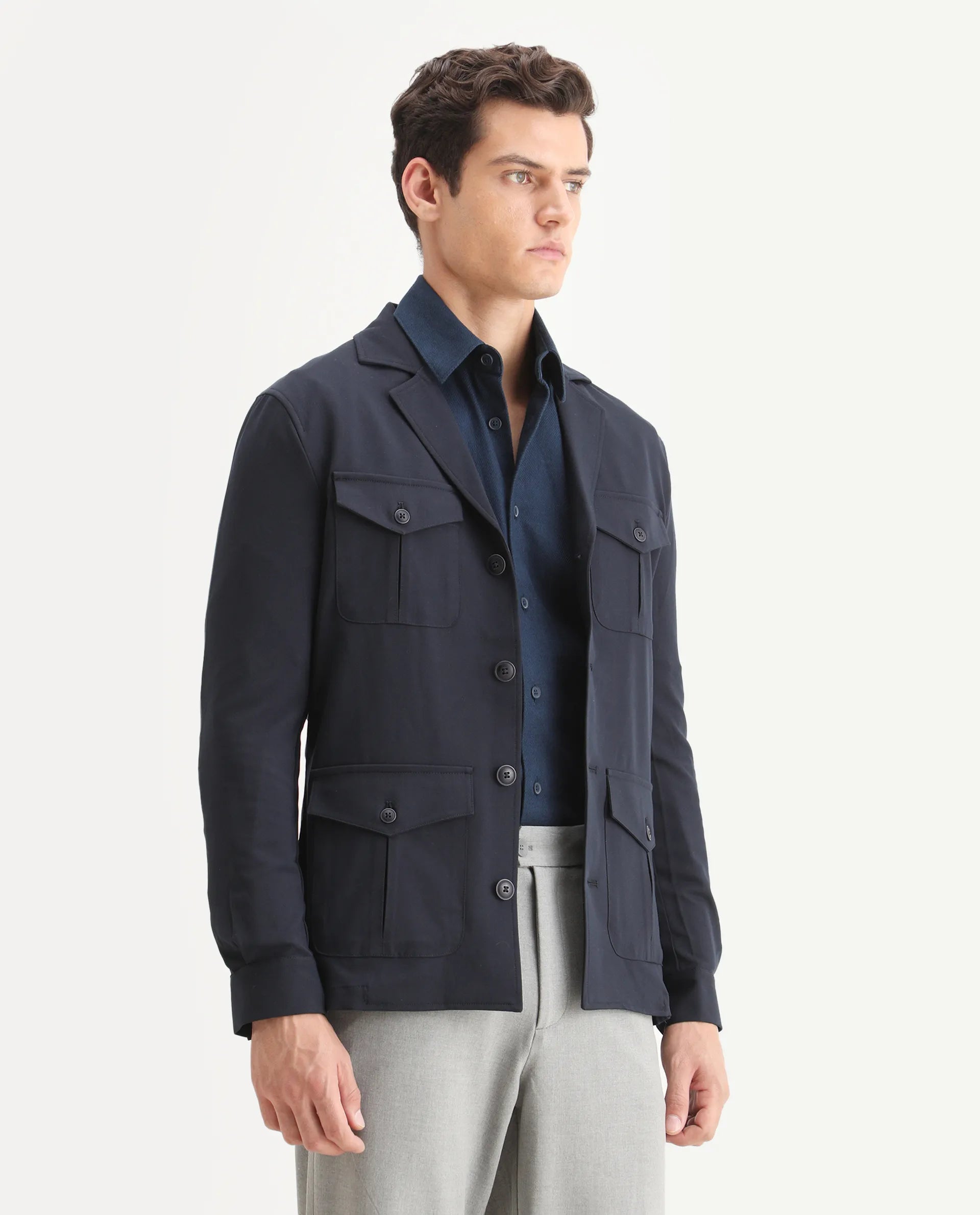 Rare Rabbit Men's Voyage Dark Navy Polyester Plain Tailored Fit Full Sleeve Lapel Neck Jacket