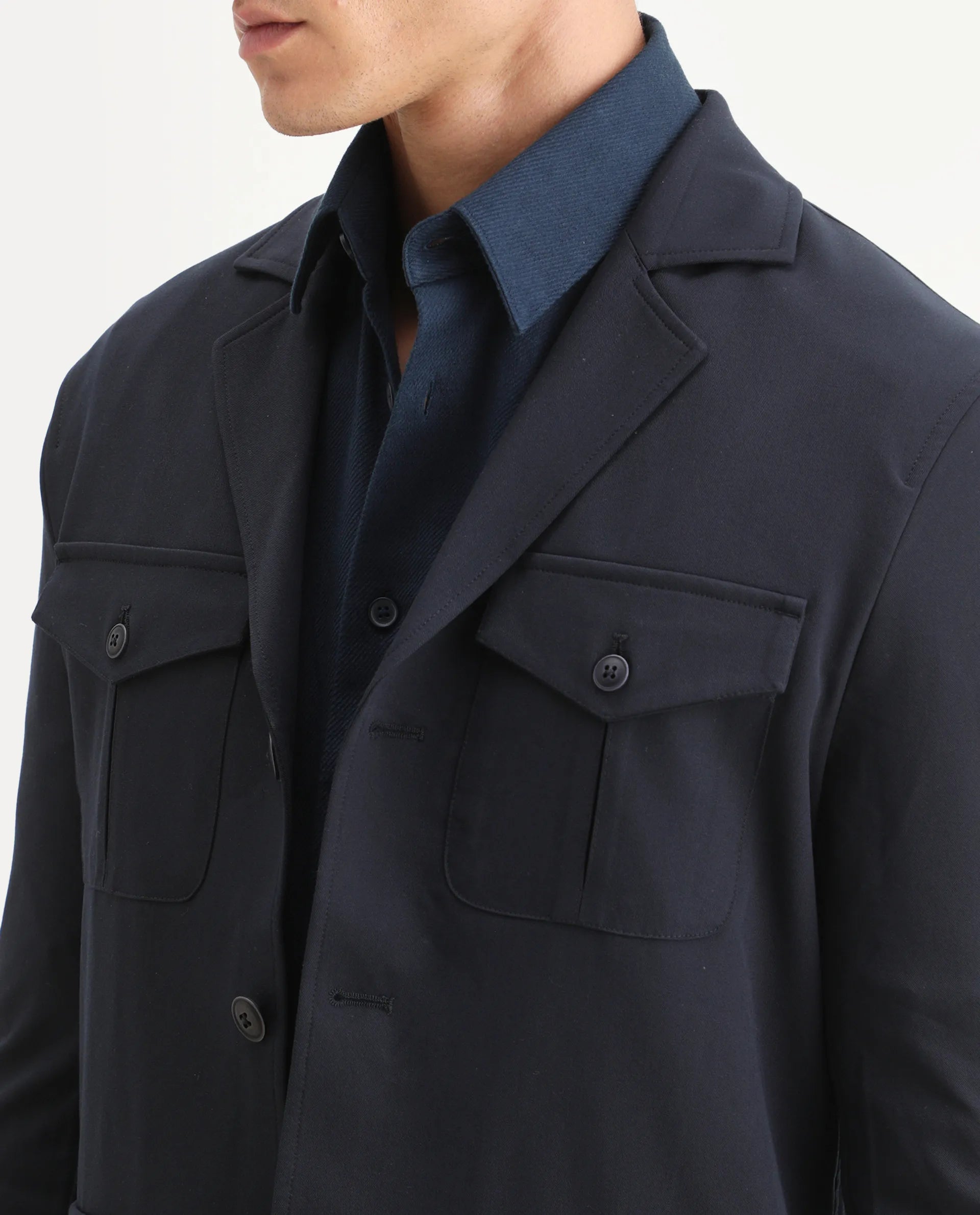 Rare Rabbit Men's Voyage Dark Navy Polyester Plain Tailored Fit Full Sleeve Lapel Neck Jacket