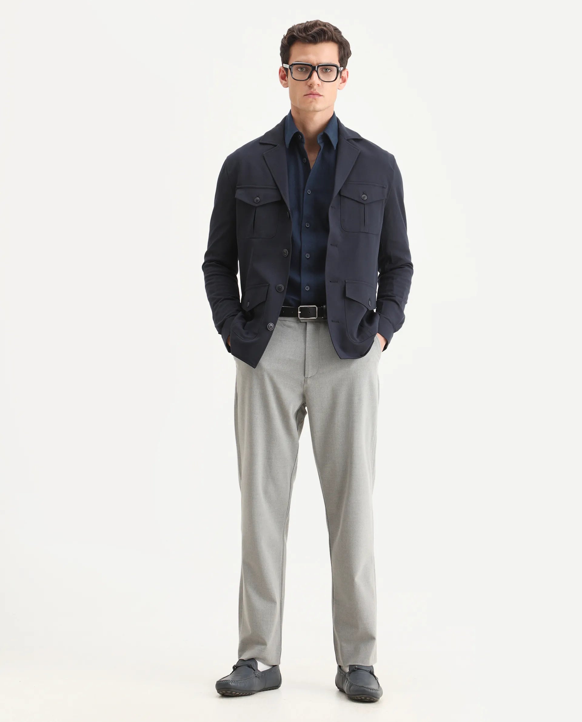 Rare Rabbit Men's Voyage Dark Navy Polyester Plain Tailored Fit Full Sleeve Lapel Neck Jacket