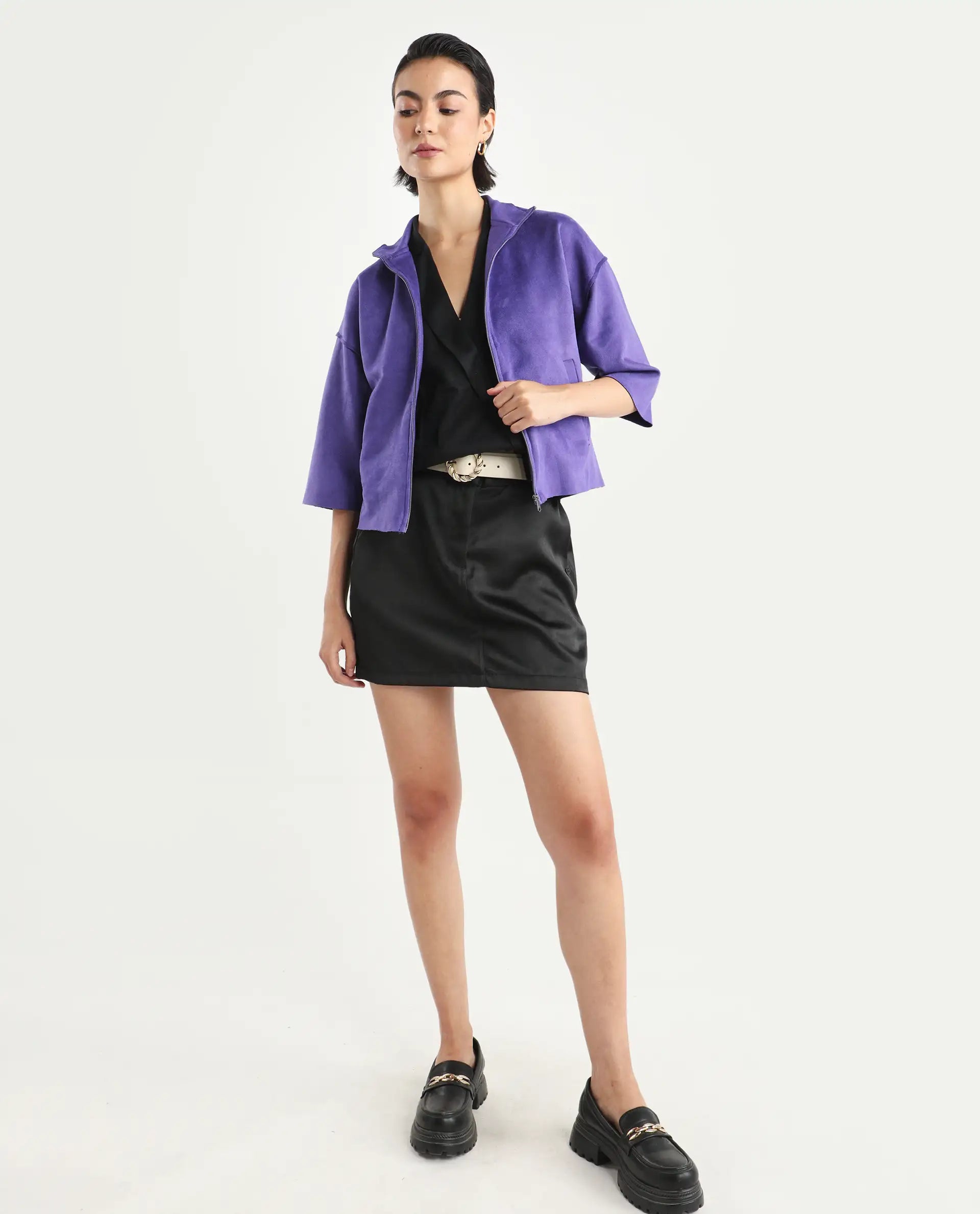 Rareism Women's Vasu 1 Purple Suede Mandarin Collar Plain Regular Fit Jacket