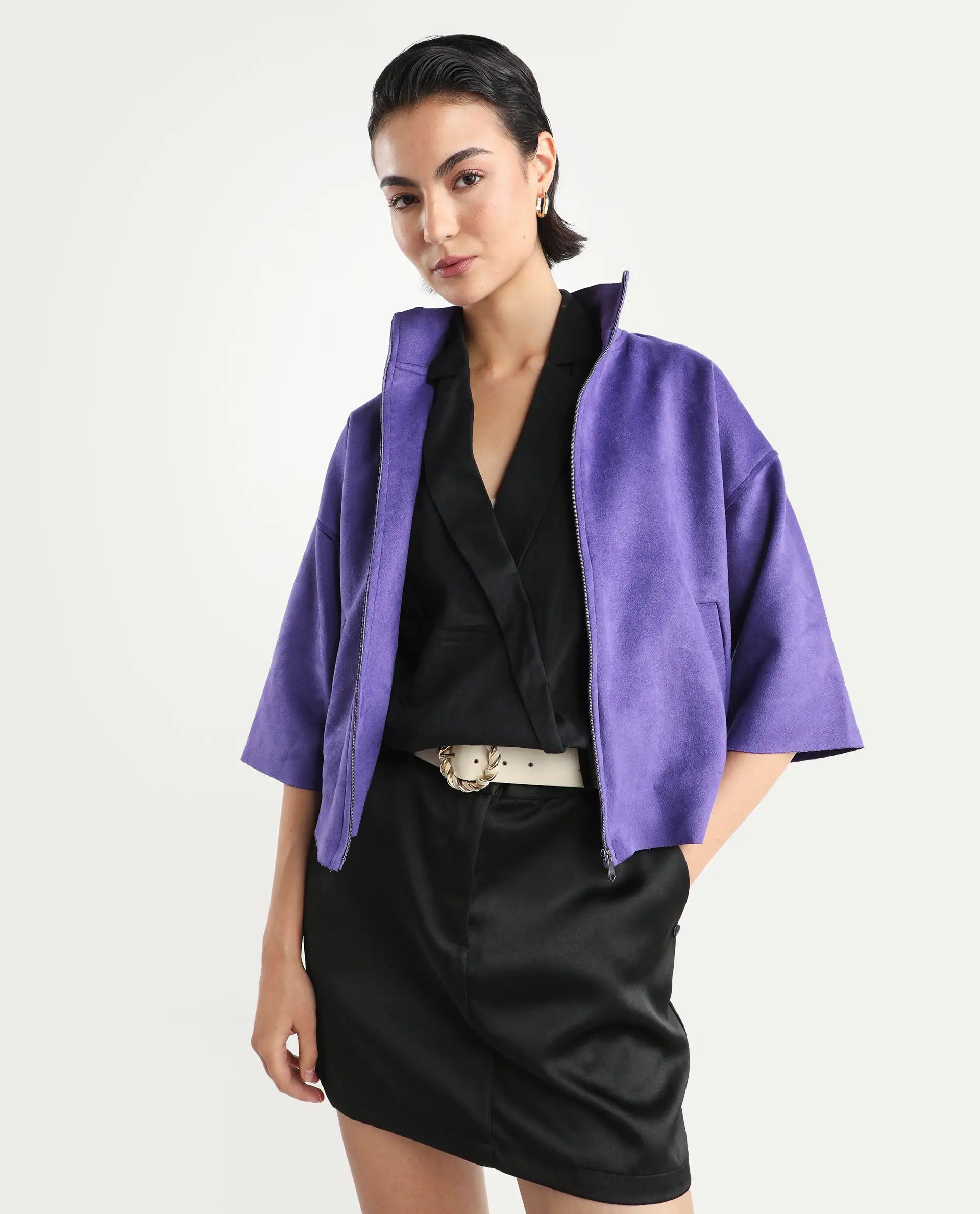 Rareism Women's Vasu 1 Purple Suede Mandarin Collar Plain Regular Fit Jacket