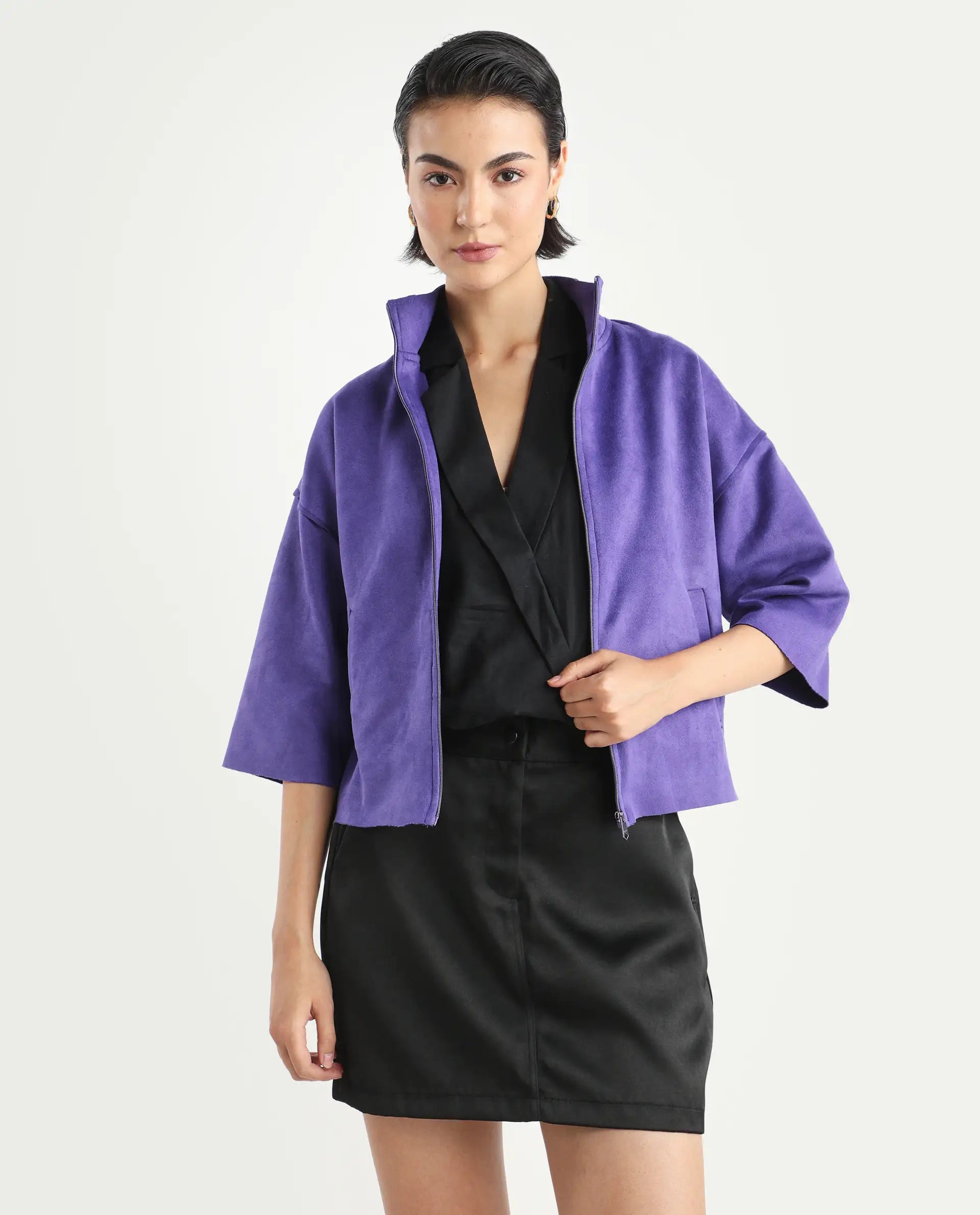 Rareism Women's Vasu 1 Purple Suede Mandarin Collar Plain Regular Fit Jacket
