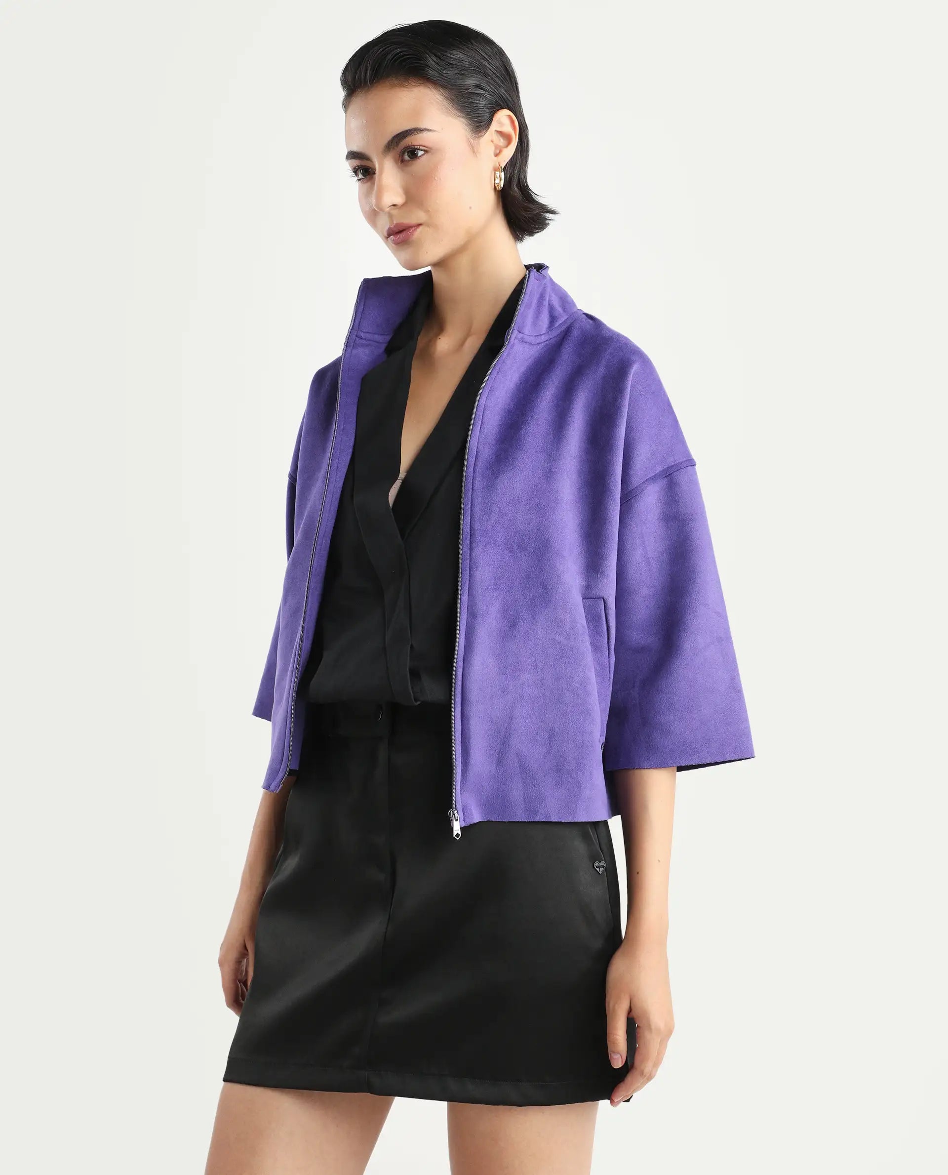 Rareism Women's Vasu 1 Purple Suede Mandarin Collar Plain Regular Fit Jacket