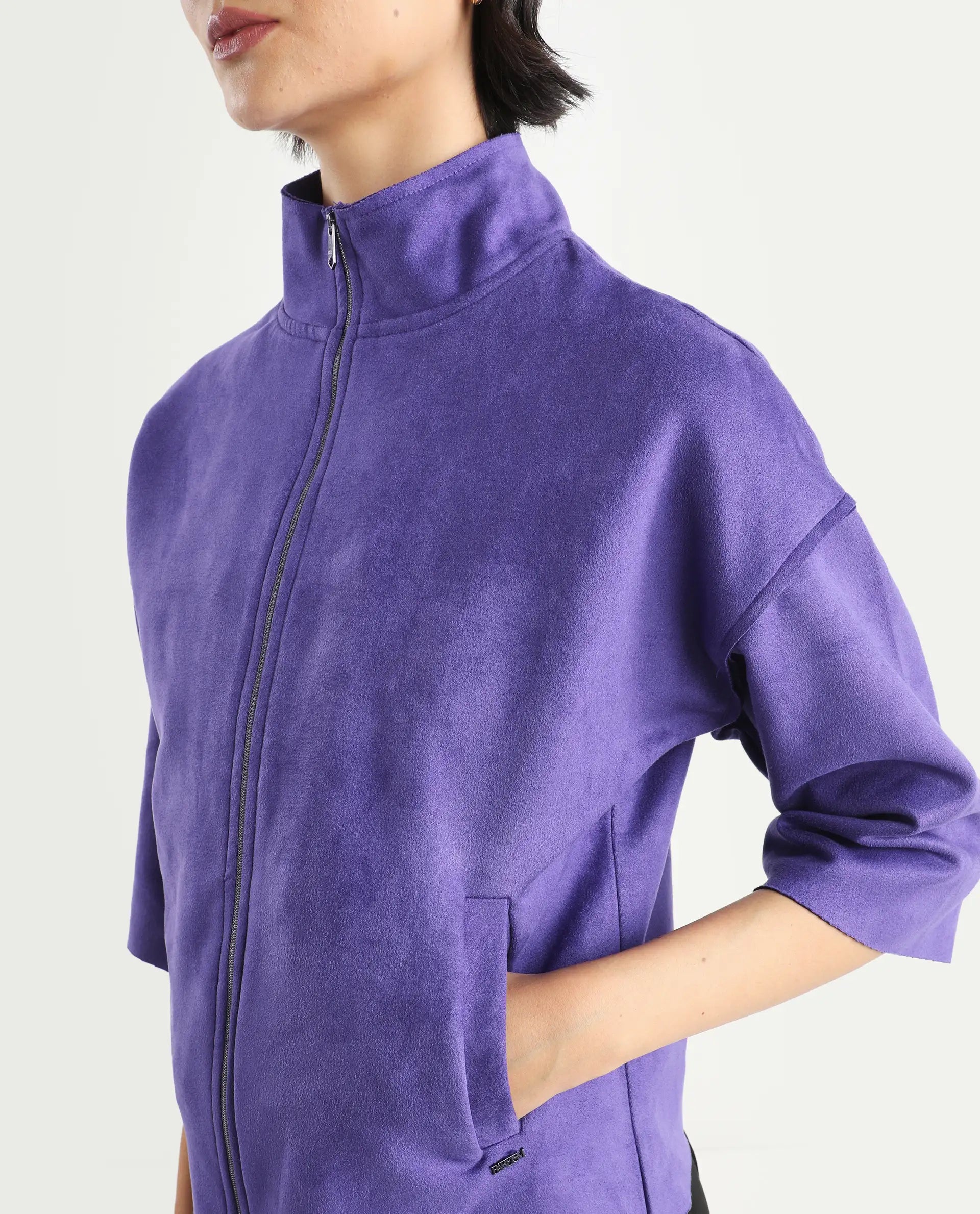Rareism Women's Vasu 1 Purple Suede Mandarin Collar Plain Regular Fit Jacket