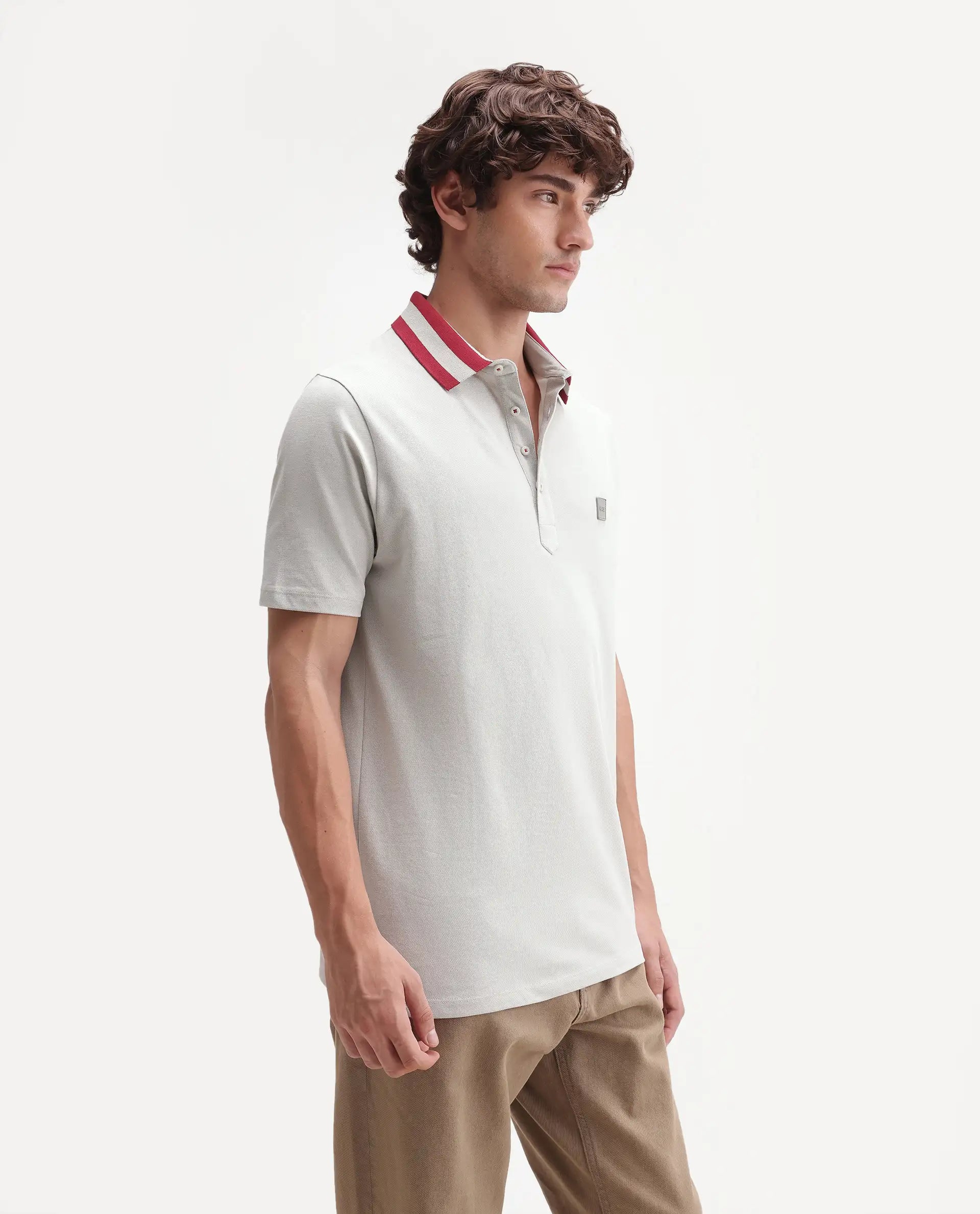 Rare Rabbit Men's Divide Light Grey Cotton Plain Regular Fit Half Sleeve Polo