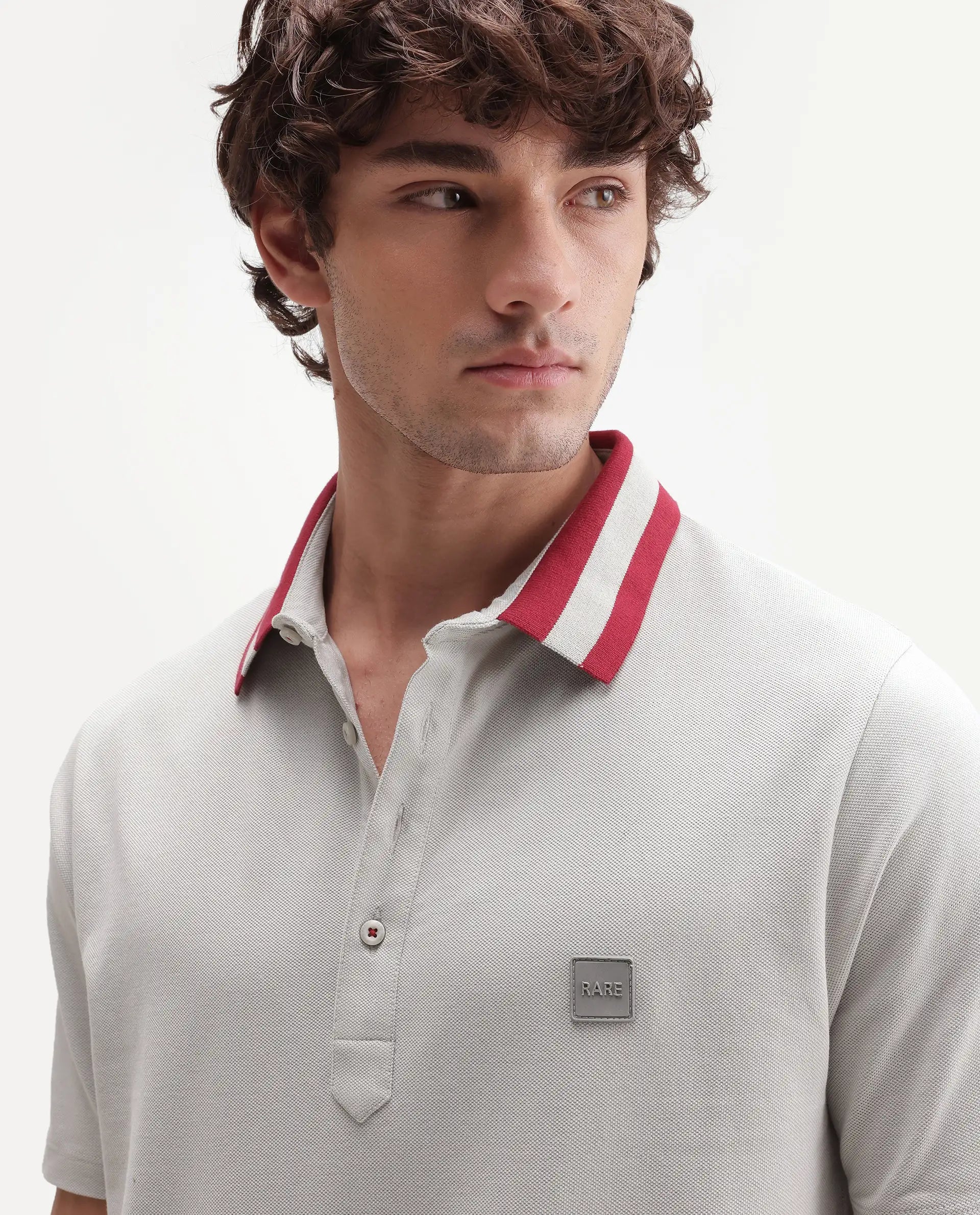 Rare Rabbit Men's Divide Light Grey Cotton Plain Regular Fit Half Sleeve Polo