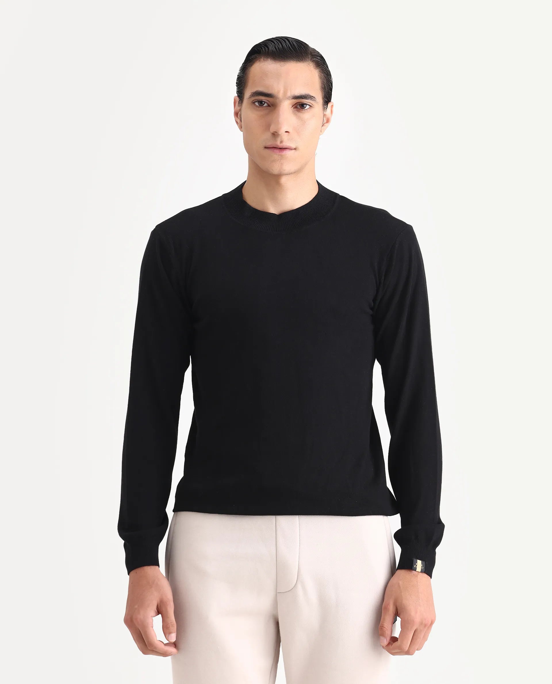 Rare Rabbit Men's Alfo 1 Black Viscose Plain Slim Fit Full Sleeve High Neck Sweater