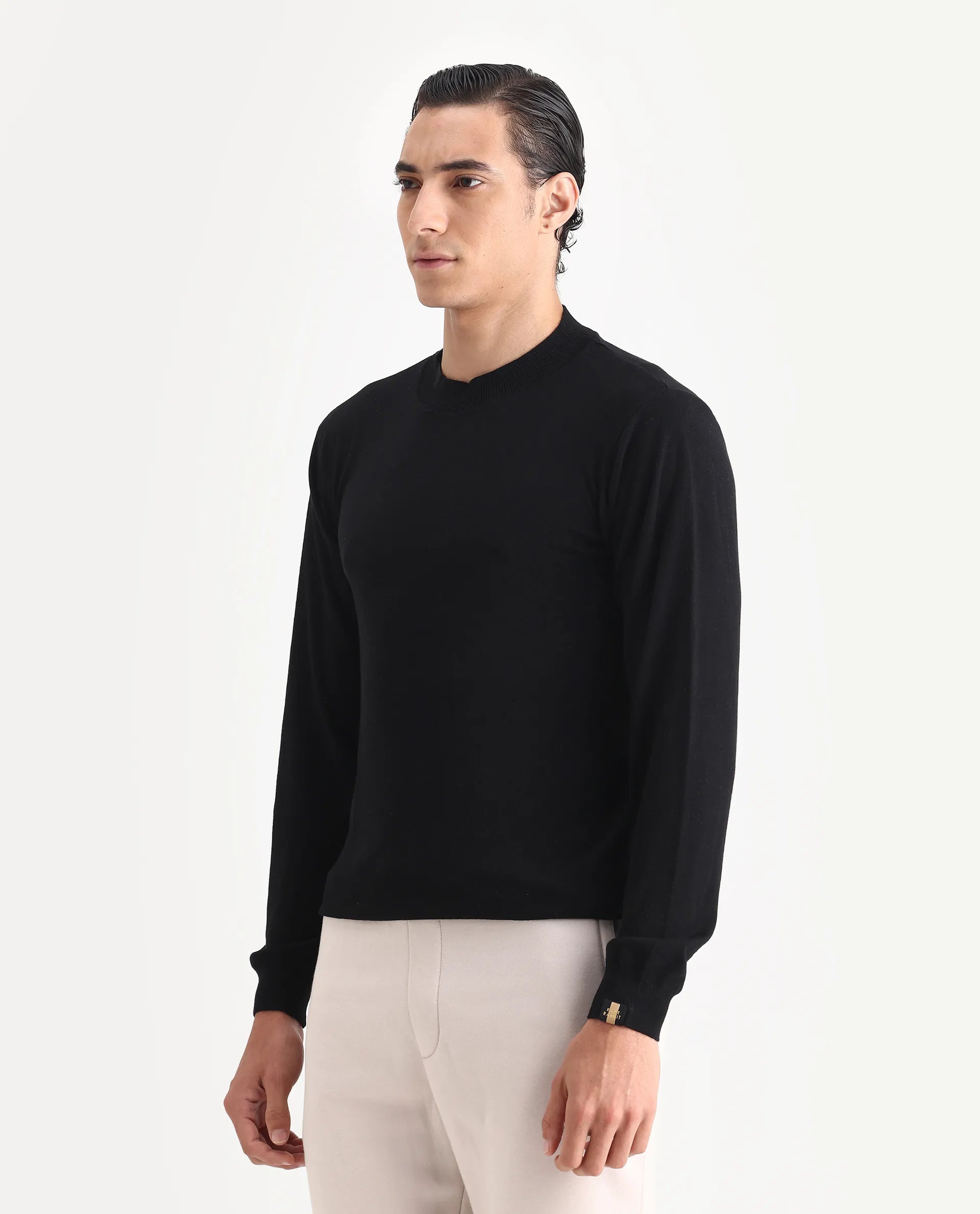 Rare Rabbit Men's Alfo 1 Black Viscose Plain Slim Fit Full Sleeve High Neck Sweater