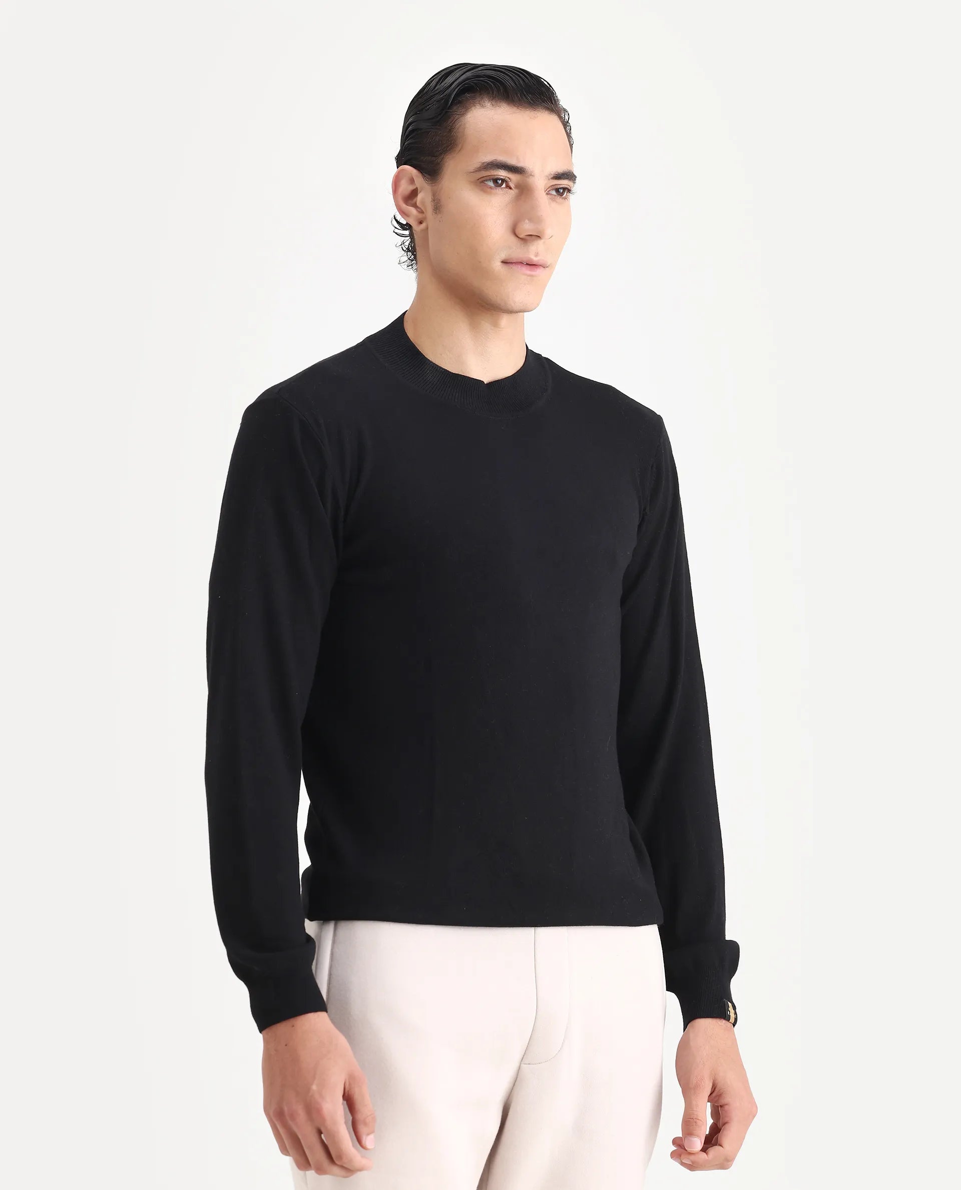 Rare Rabbit Men's Alfo 1 Black Viscose Plain Slim Fit Full Sleeve High Neck Sweater