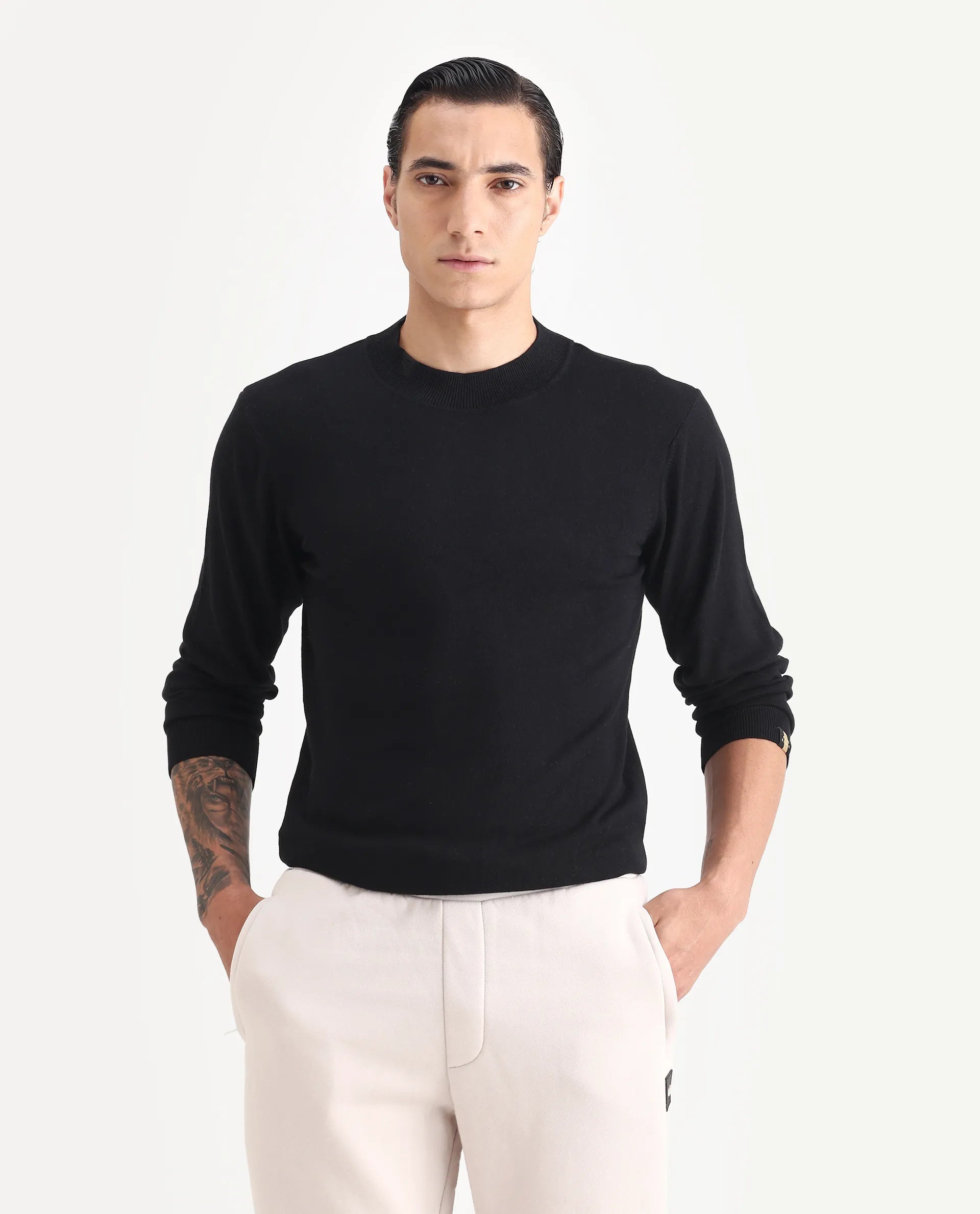 Rare Rabbit Men's Alfo 1 Black Viscose Plain Slim Fit Full Sleeve High Neck Sweater