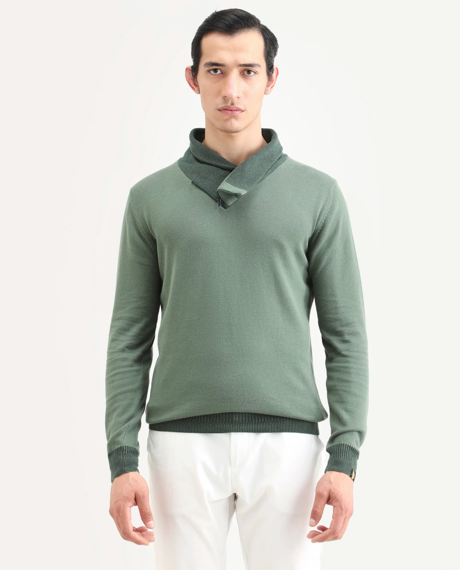 Rare Rabbit Men's Denver Dark Green Cotton Plain Regular Fit Full Sleeve Shawl Neck Sweater