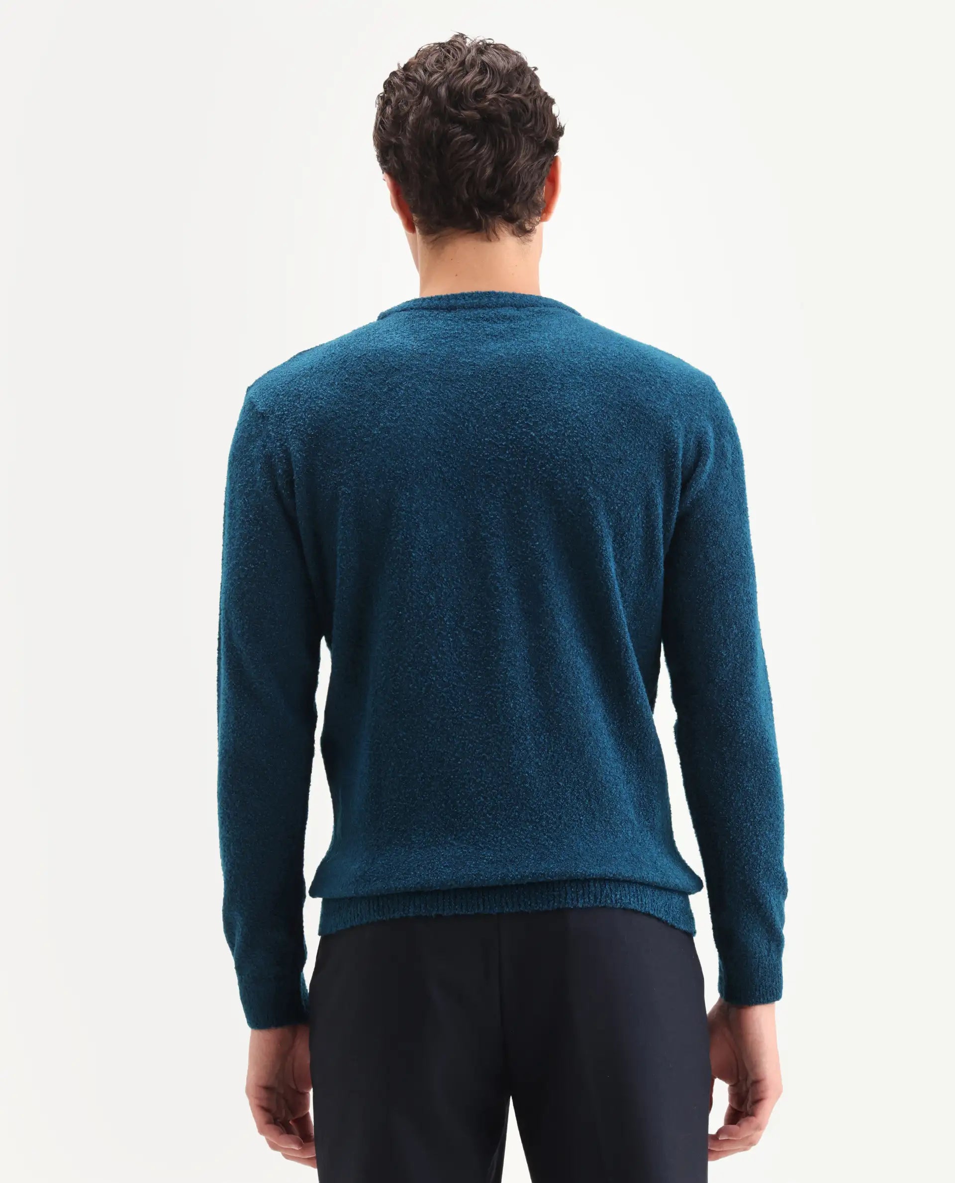 Rare Rabbit Men's Bocle Petrol Polyester Textured Relaxed Fit Full Sleeve Crew Neck Sweater