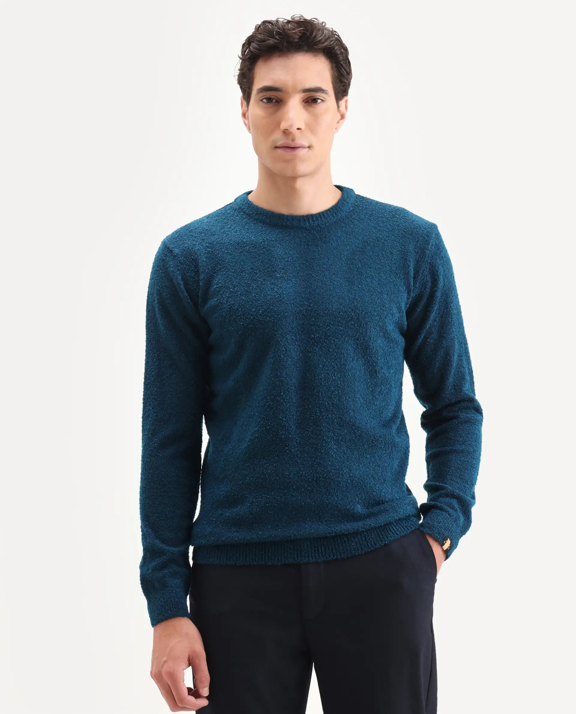 Rare Rabbit Men's Bocle Petrol Polyester Textured Relaxed Fit Full Sleeve Crew Neck Sweater